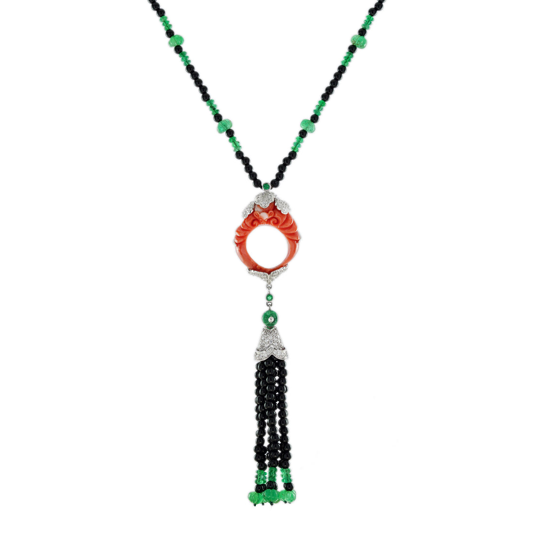 Carved Coral Multi Gemstone Art Deco Style Tassel White Gold Necklace