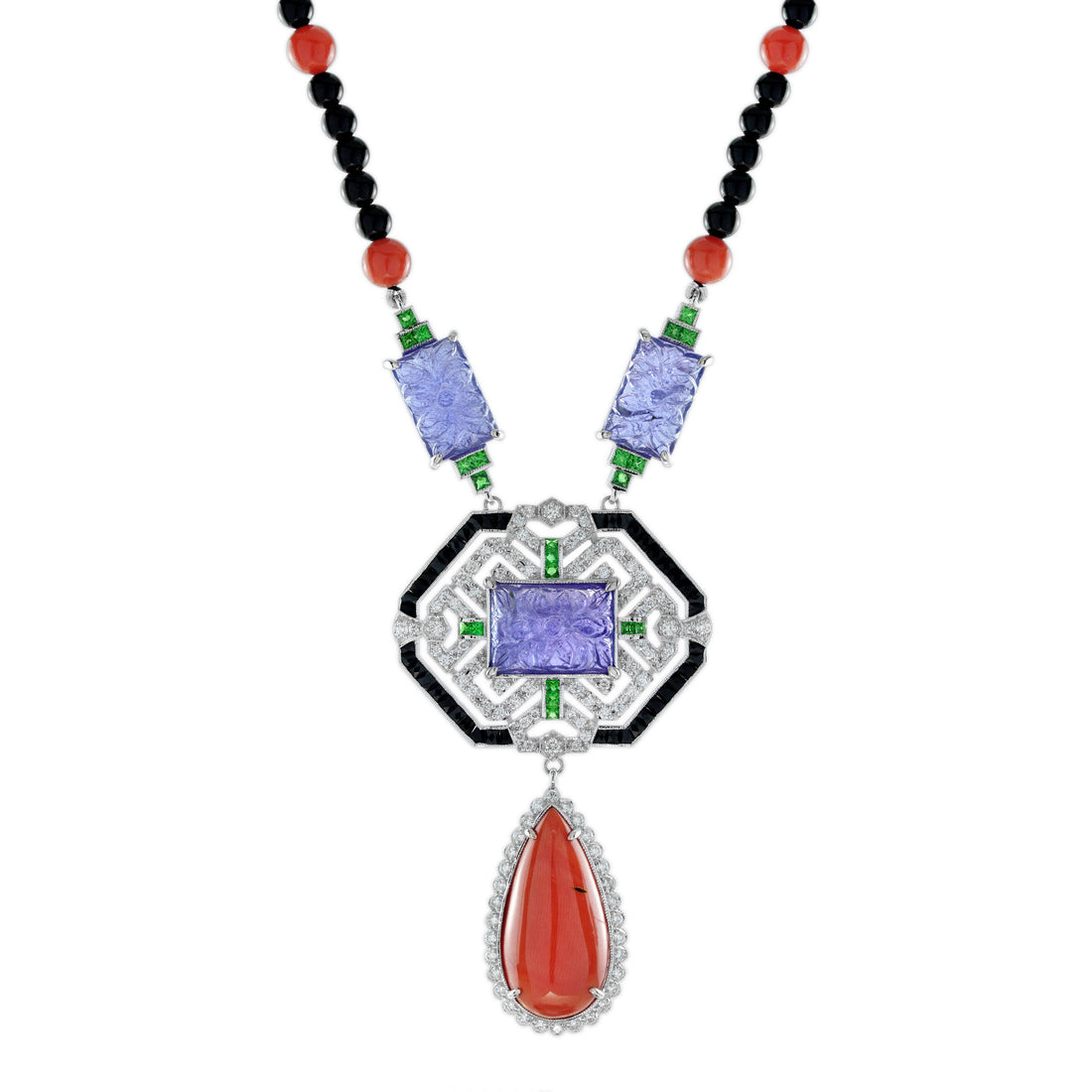 Carved Coral Tanzanite Art Deco Style White Gold Necklace