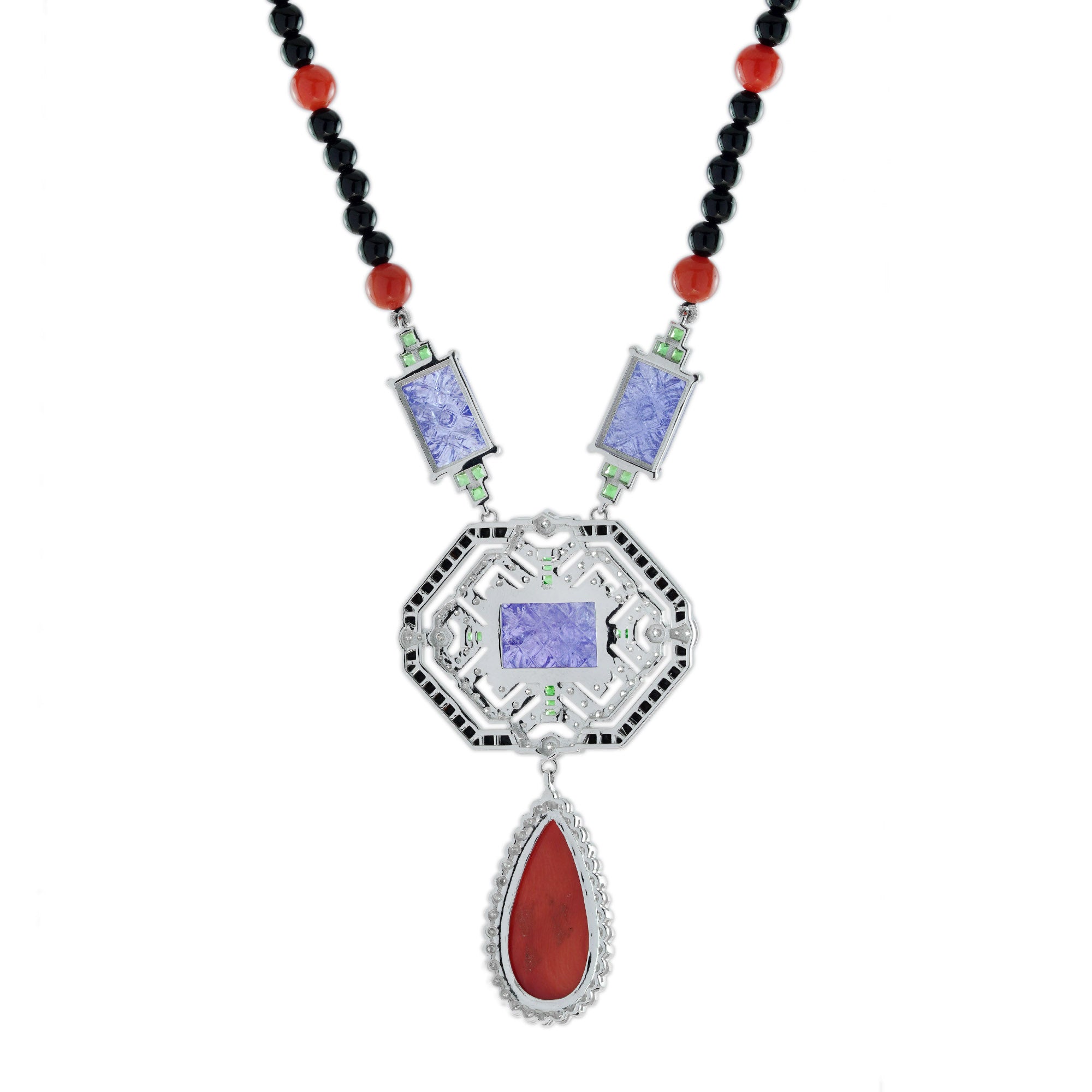 Carved Coral Tanzanite Art Deco Style White Gold Necklace