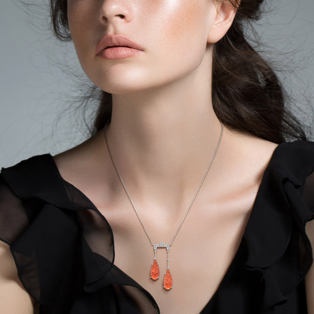 Carved Orange Coral & Diamond Antique Style 14K White Gold Pendant Necklace