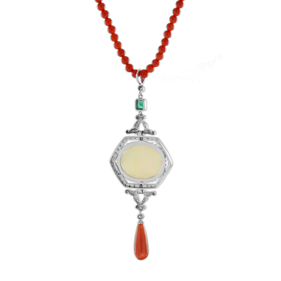 12.42 Ct. Ethiopian Opal Coral Emerald Diamond Art Deco Style 14K White Necklace