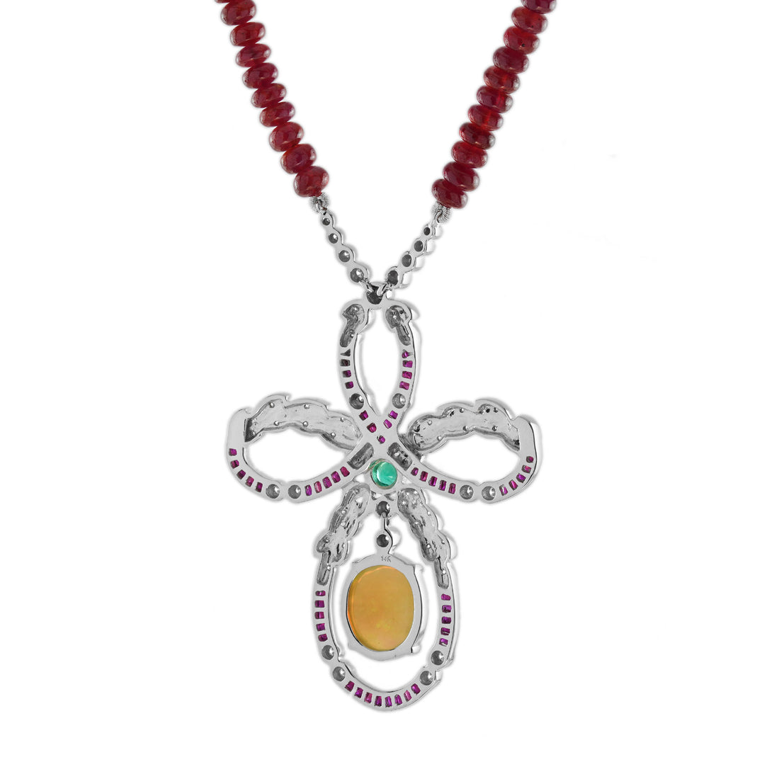 Ethiopian Opal Ruby Emerald Diamond Edwardian Style 14K White Gold Necklace