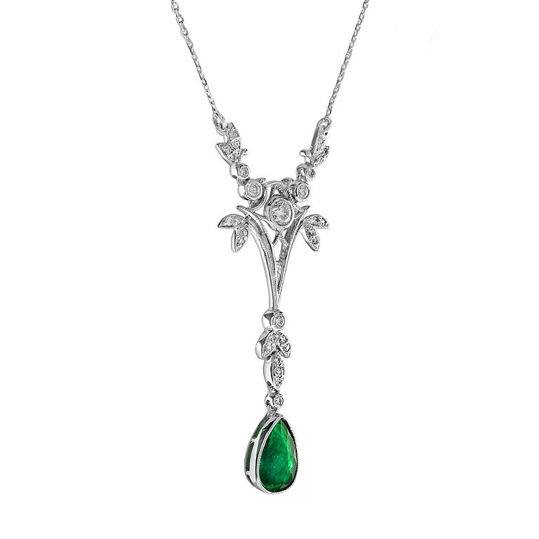Pear Shaped Natural Emerald & Diamond Drop Vintage Style Gold Pendant Necklace