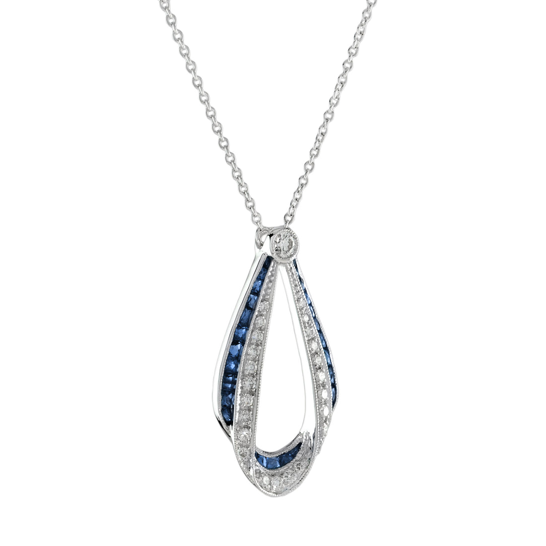 Ribbon Art Deco Style Blue Sapphire & Diamond 14K White Gold Pendant Necklace