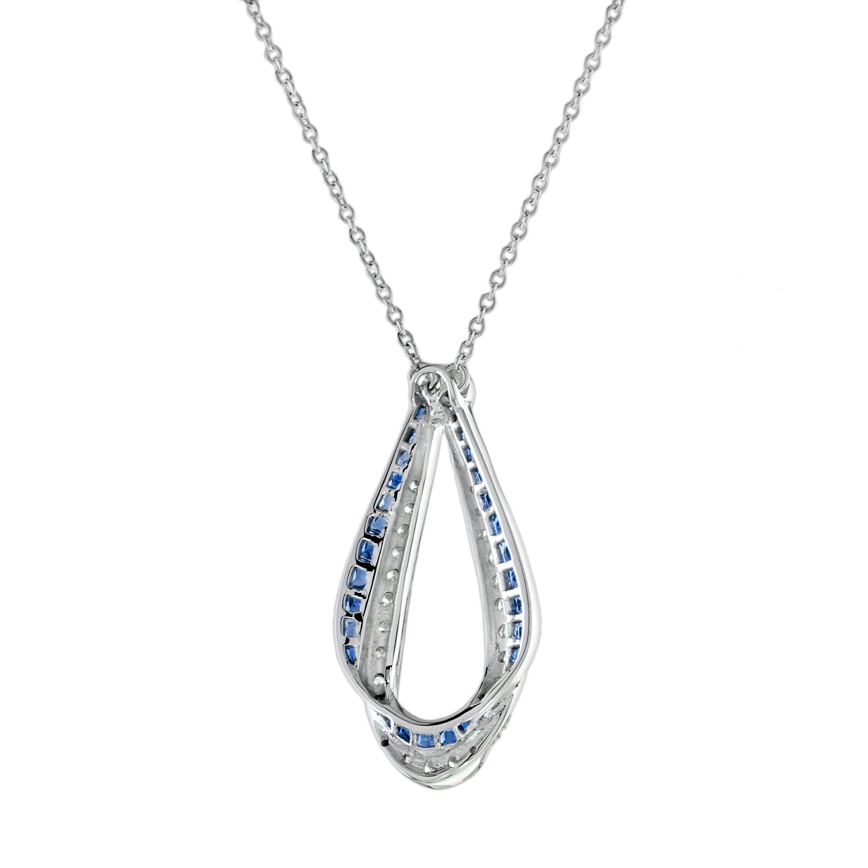 Ribbon Art Deco Style Blue Sapphire & Diamond 14K White Gold Pendant Necklace