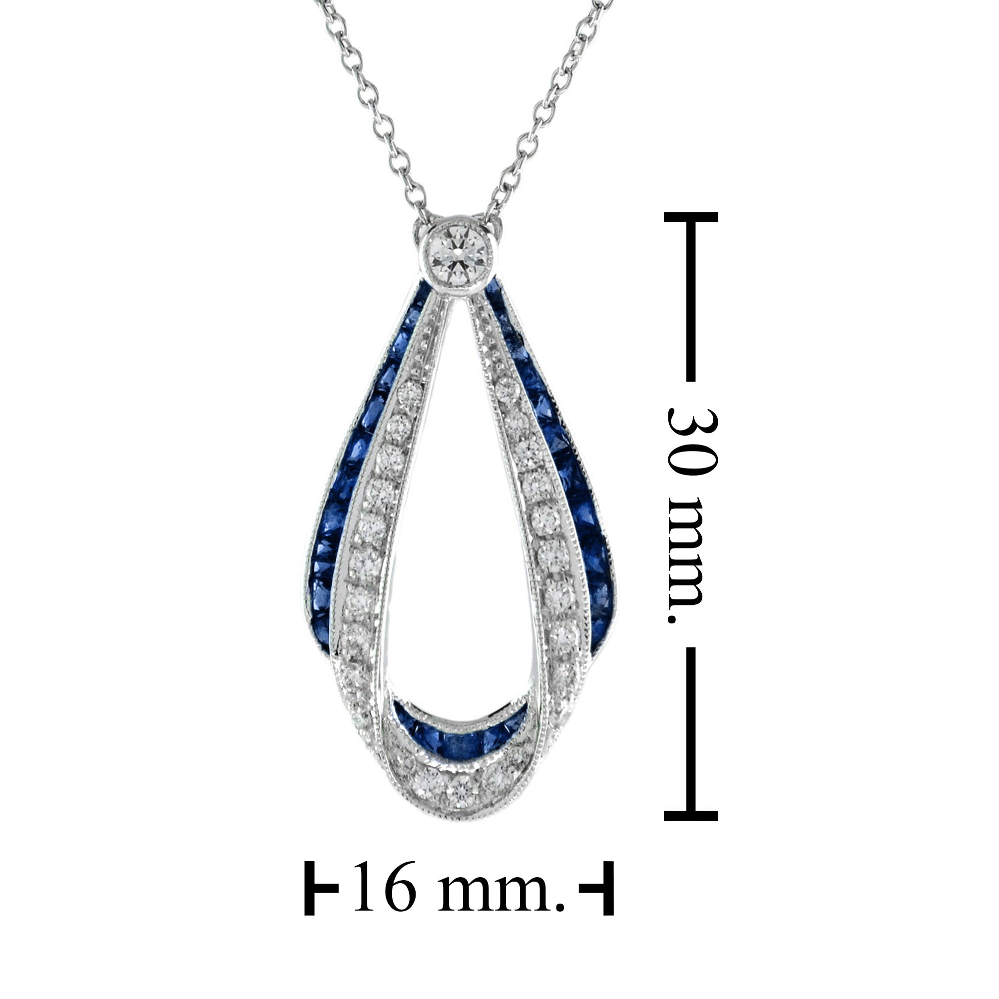 Ribbon Art Deco Style Blue Sapphire & Diamond 14K White Gold Pendant Necklace