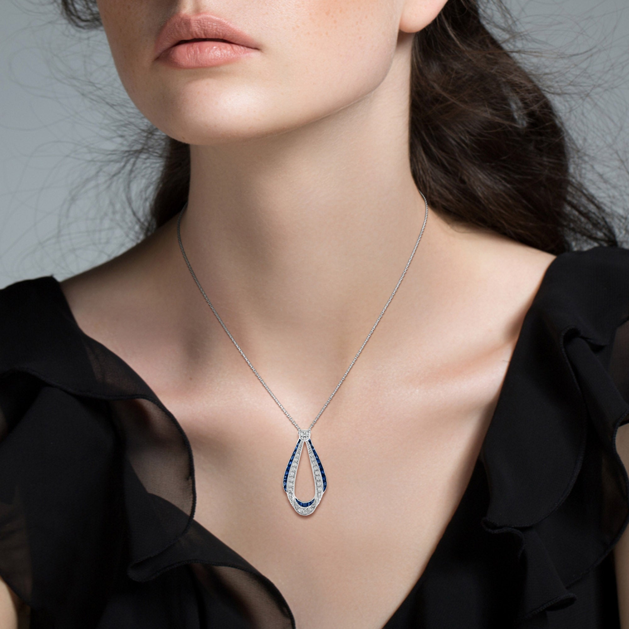 Ribbon Art Deco Style Blue Sapphire & Diamond 14K White Gold Pendant Necklace