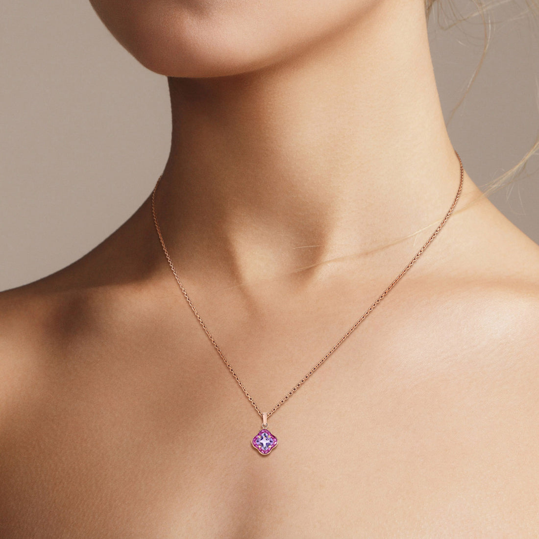 Lily Cut Pink Amethyst & Ruby Halo Set Pendant Rose Gold Necklace
