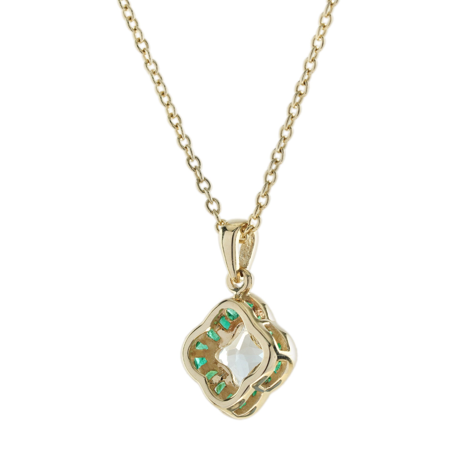 Casa Blanca Lily Cut White Topaz & Green Emerald Yellow Gold Pendant Necklace