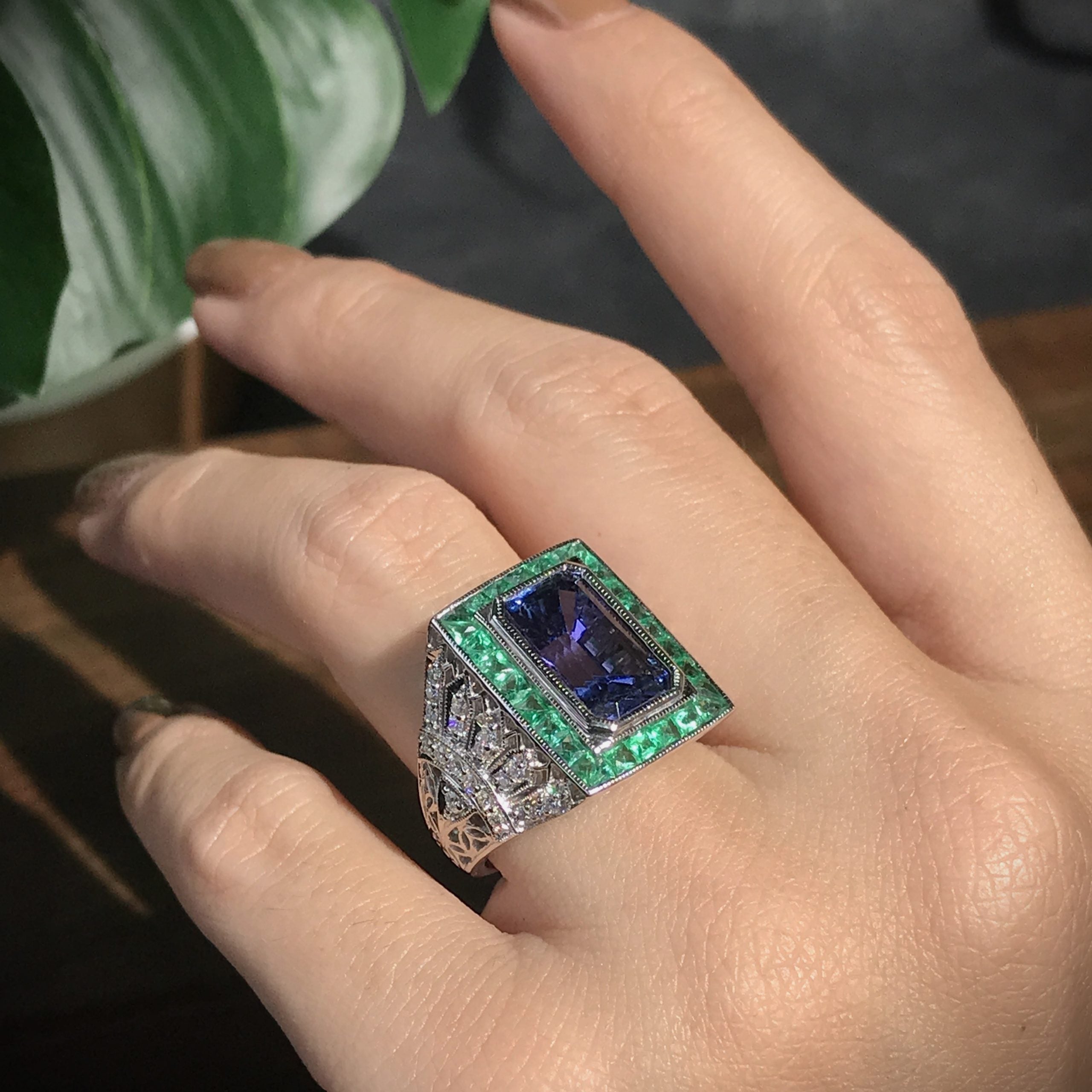 Octagon Blue Tanzanite & Emerald and Diamond Art Deco Style 18K White Gold Ring