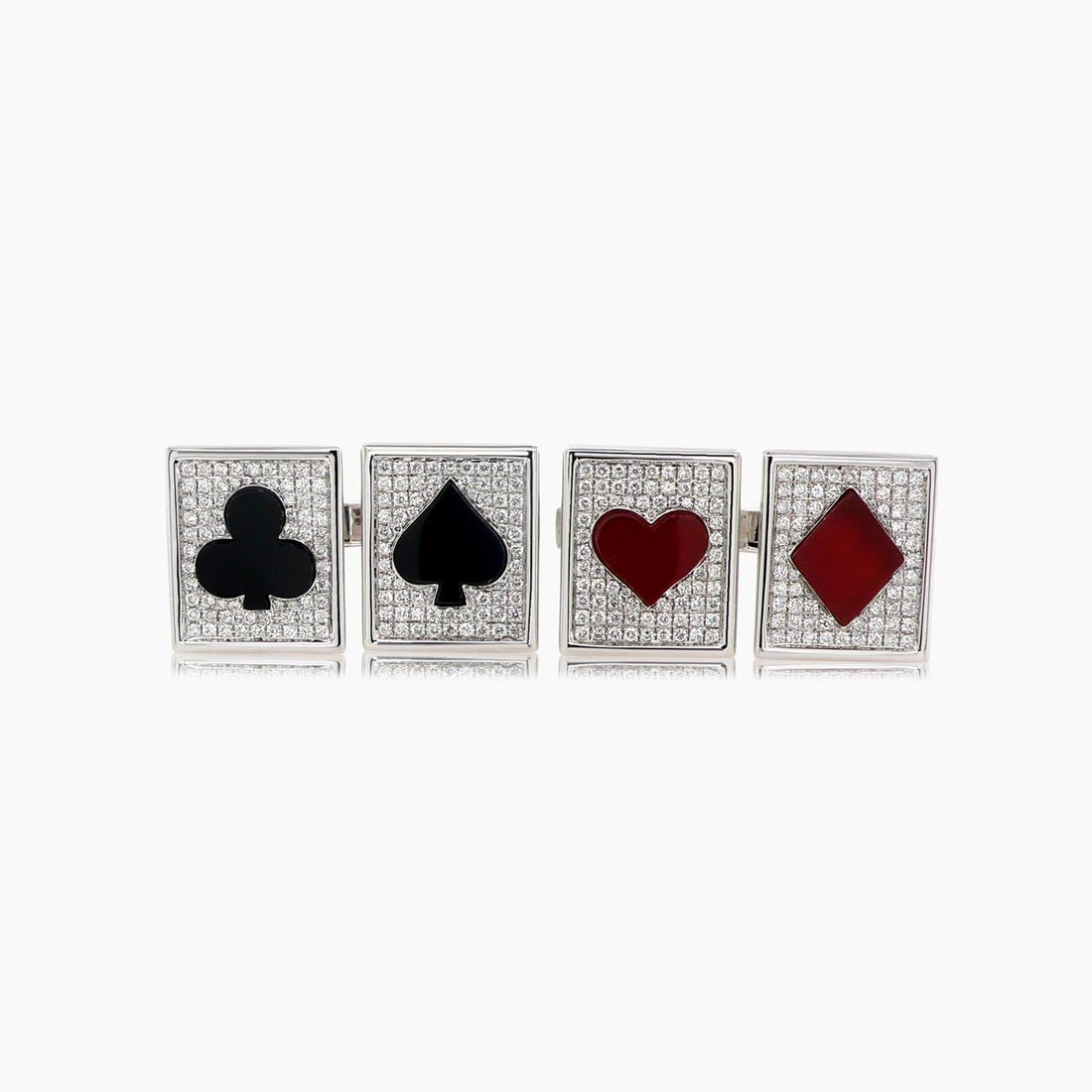 Black Onyx & Red Agate & Diamond 18K White Gold Poker Playing Cards Cufflinks