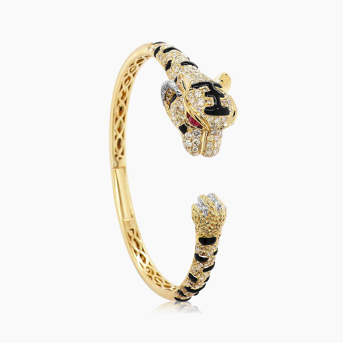 Fancy Diamond Onyx & Ruby 18K Yellow Gold Tiger Bangle Bracelet