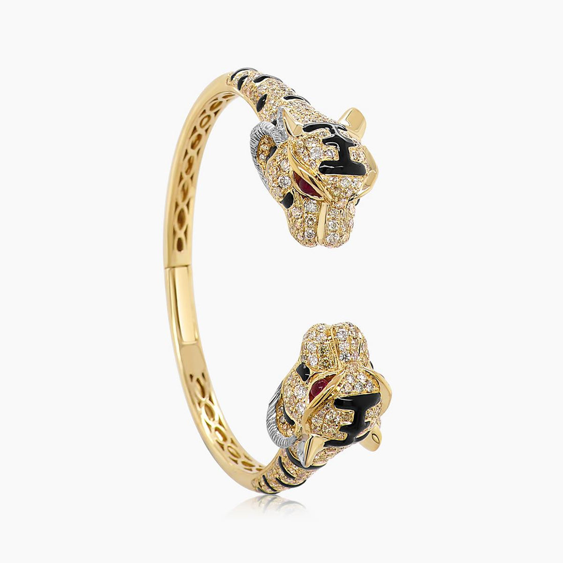 Fancy Diamond Onyx & Ruby 18K Yellow Gold Double Leopard Head Bangle Bracelet