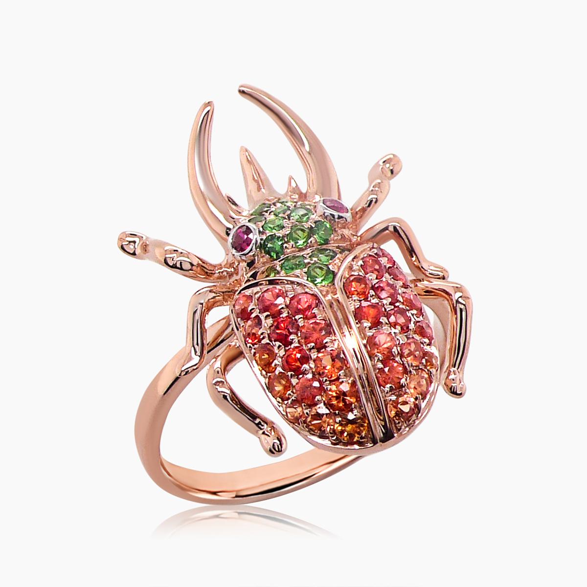 Multicolor Orange Sapphire & Green Gem Pave Beetle Bug 18K Rose Gold Animal Ring