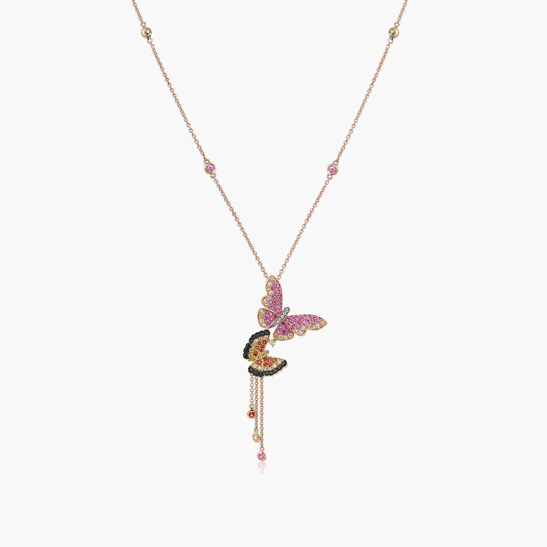 Orange Yellow Pink Sapphire Diamonds Butterfly Sweet Rose Gold Pendant Necklace