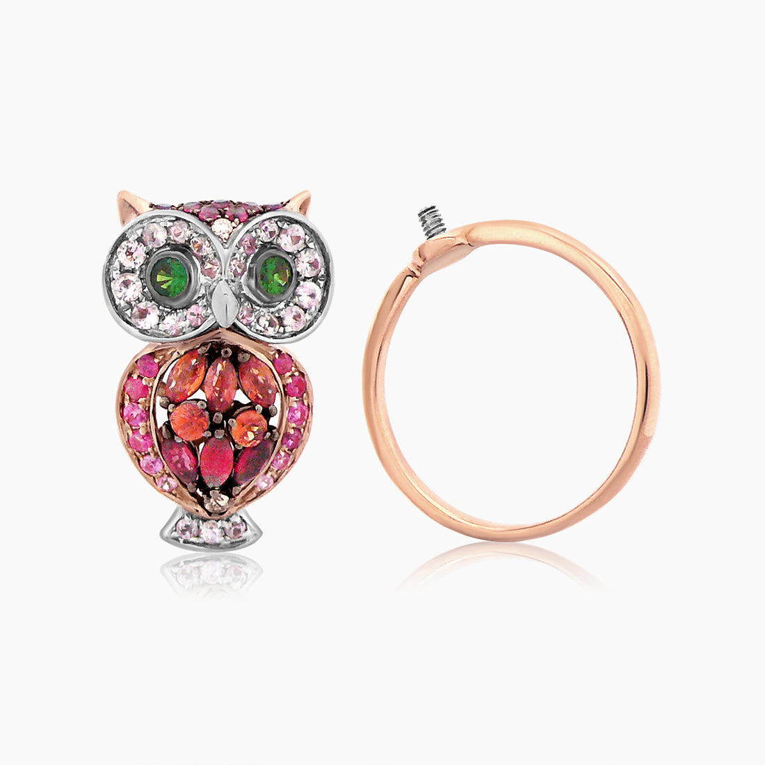 Owl Bird Orange Sapphire Pink Sapphire Ruby & Diamond 18K Rose Gold Ring