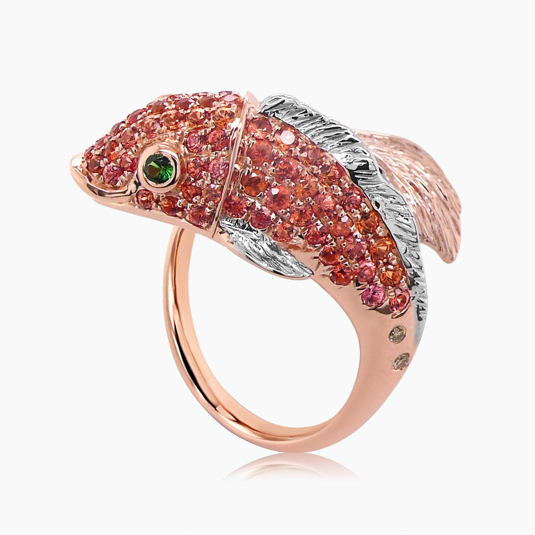 Sea Koi Fish Orange Sapphire & Diamond Pave & Green 18K Rose Gold Animal Ring