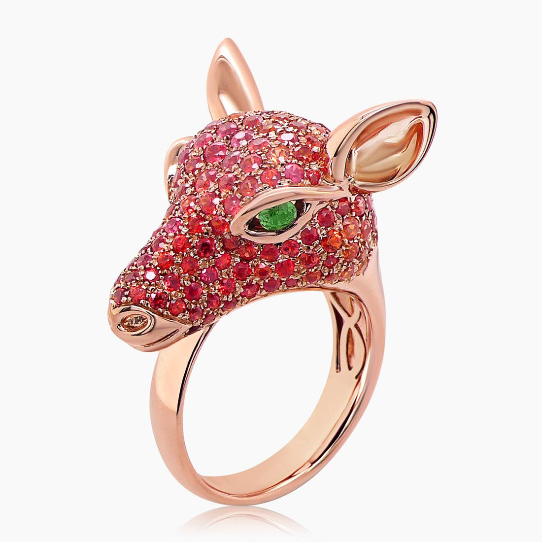 Deer Orange Sapphire Fancy Diamond & Green Garnet 18K Rose Gold Animal Ring