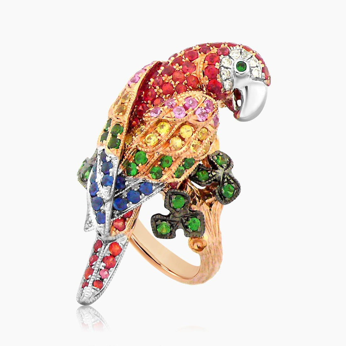 Parrot Bird Multi Color Orange Sapphires & Diamond & Garnet 18K Tri Gold Ring