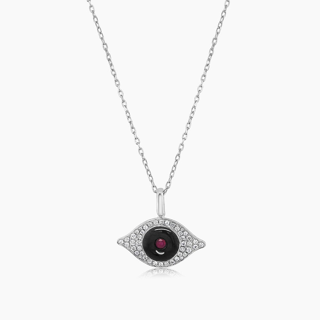Evil Eye Onyx & Ruby & White Diamond 18K White Gold Eye Pendant Necklace
