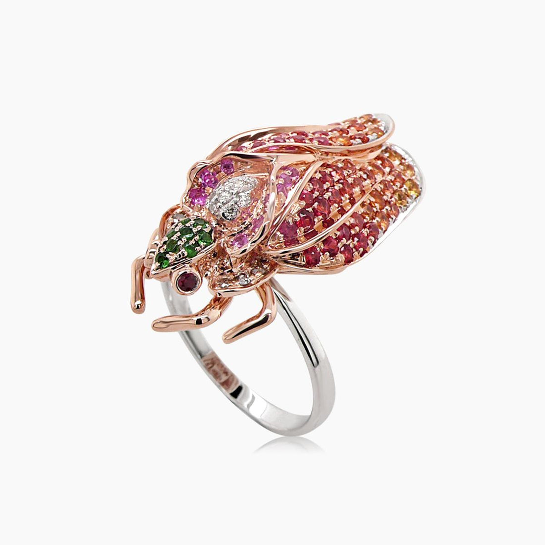 Multicolor Gemstone & Diamond Pave Fly Bug 18K Rose Gold Animal Ring