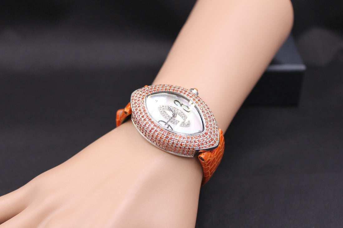 Orange Sapphire & Diamond Pave Dial Luxury Swis Quartz Exotic Leather Band Watch