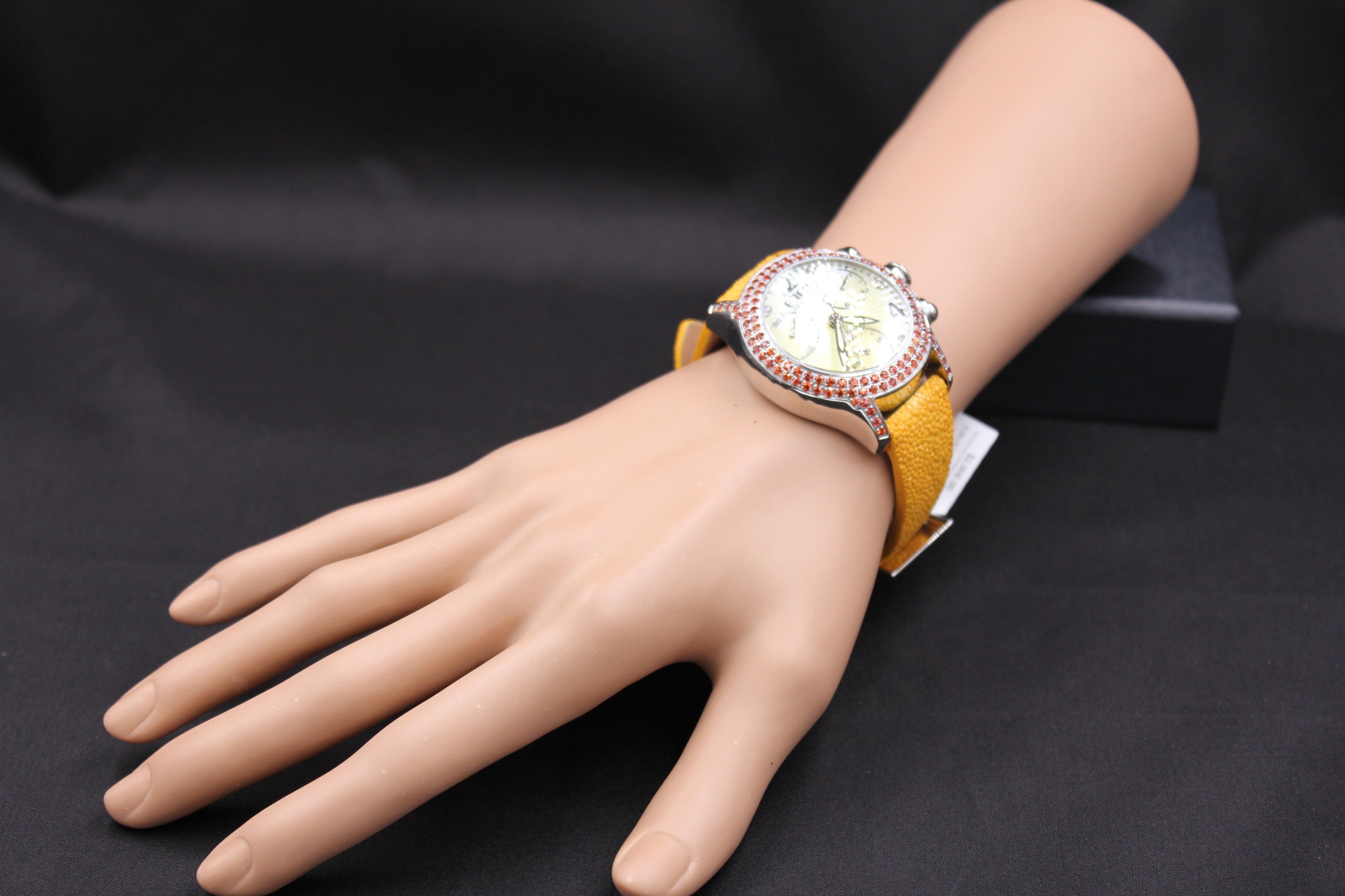 Orange Sapphire & Diamond Pave Dial Luxury Swis Quartz Exotic Leather Band Watch