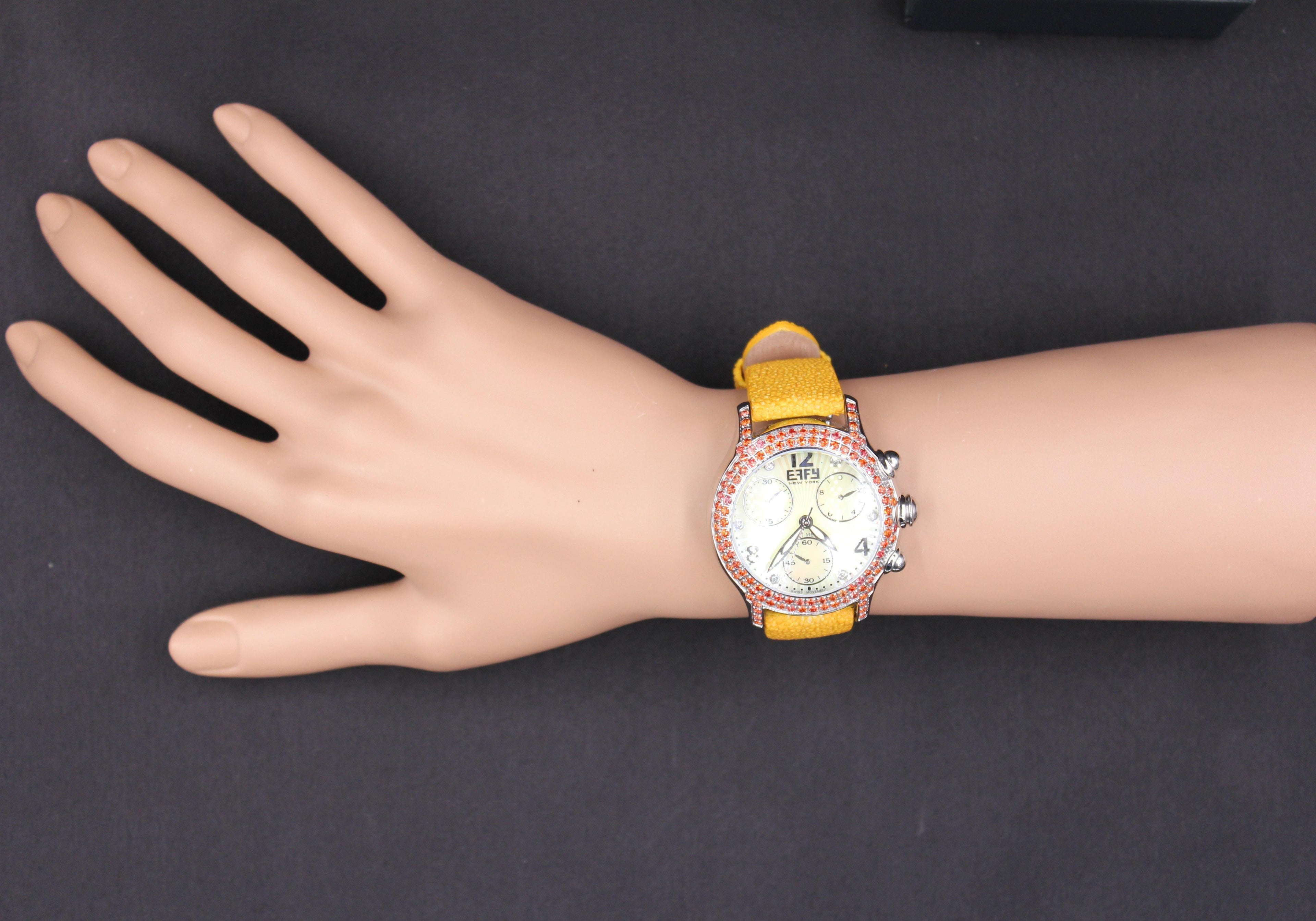 Orange Sapphire & Diamond Pave Dial Luxury Swis Quartz Exotic Leather Band Watch