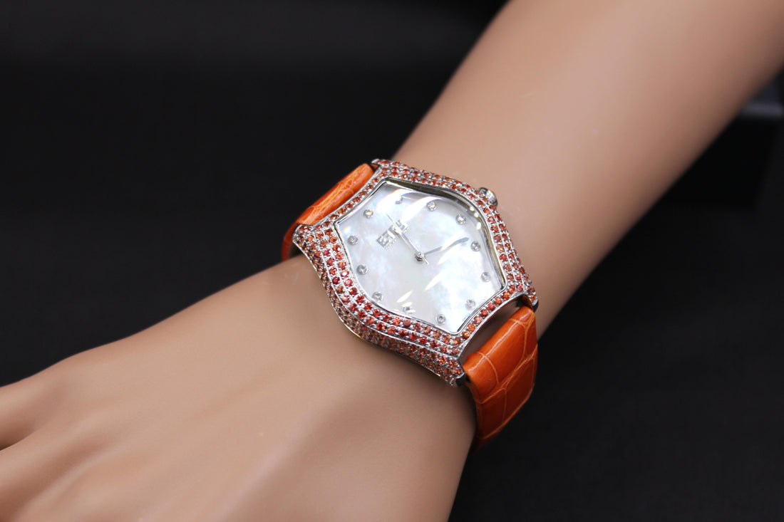 Orange Sapphire & Diamond Pave Dial Luxury Swiss Quartz Exotic Leather Watch