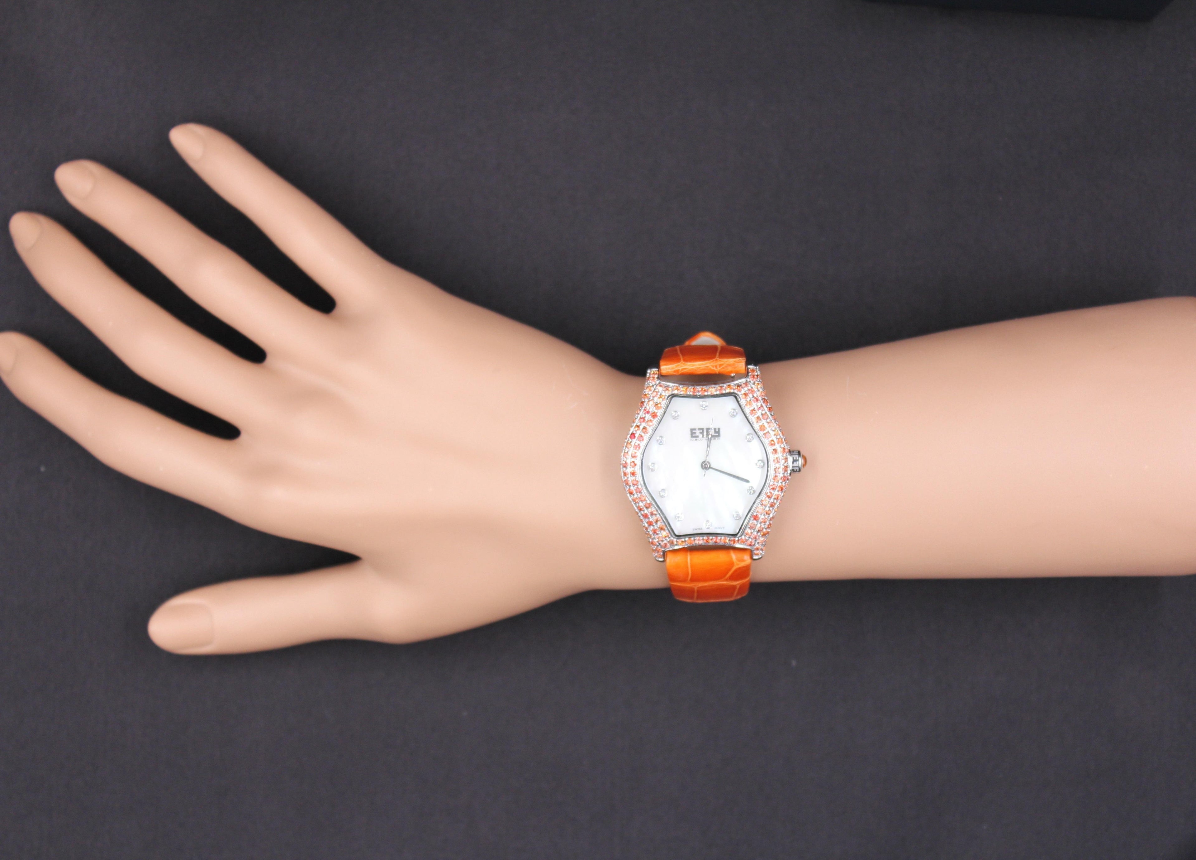 Orange Sapphire & Diamond Pave Dial Luxury Swiss Quartz Exotic Leather Watch