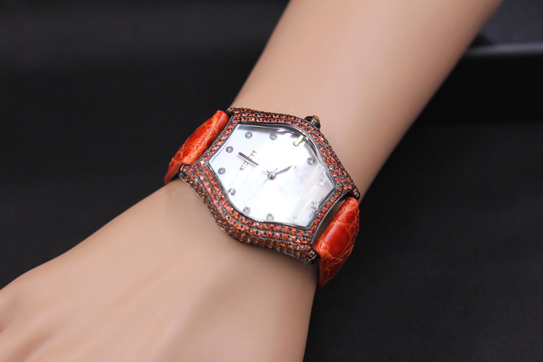 Orange Sapphire & Diamond Pave Dial Luxury Swiss Quartz Exotic Leather Watch