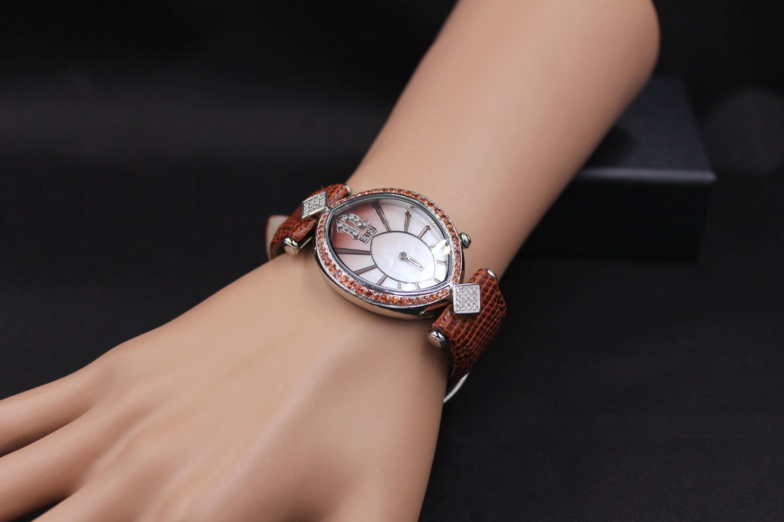 Orange Sapphire Diamonds Pave Dial Luxury Swiss Quartz Exotic Leather Band Watch