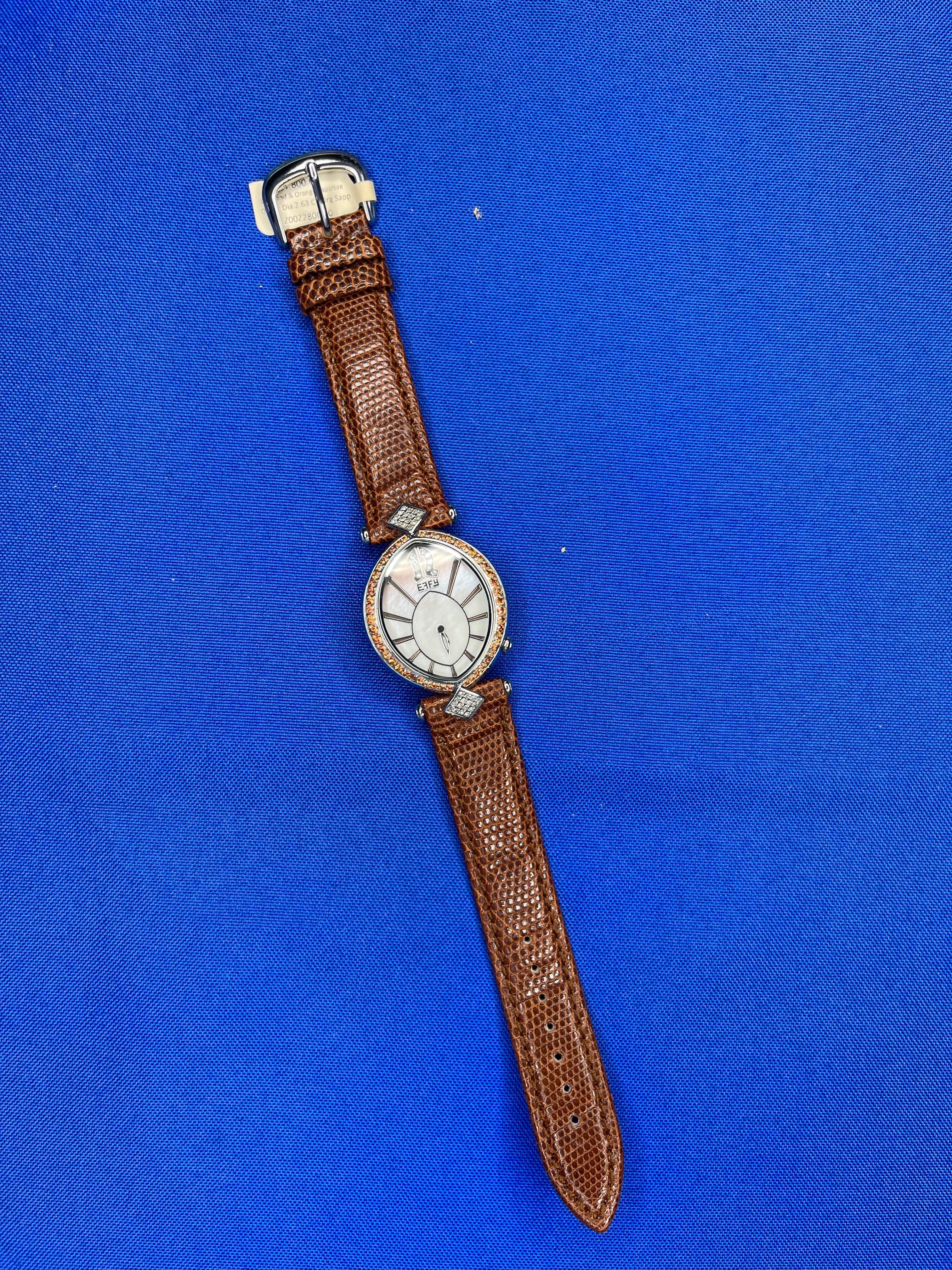 Orange Sapphire Diamonds Pave Dial Luxury Swiss Quartz Exotic Leather Band Watch