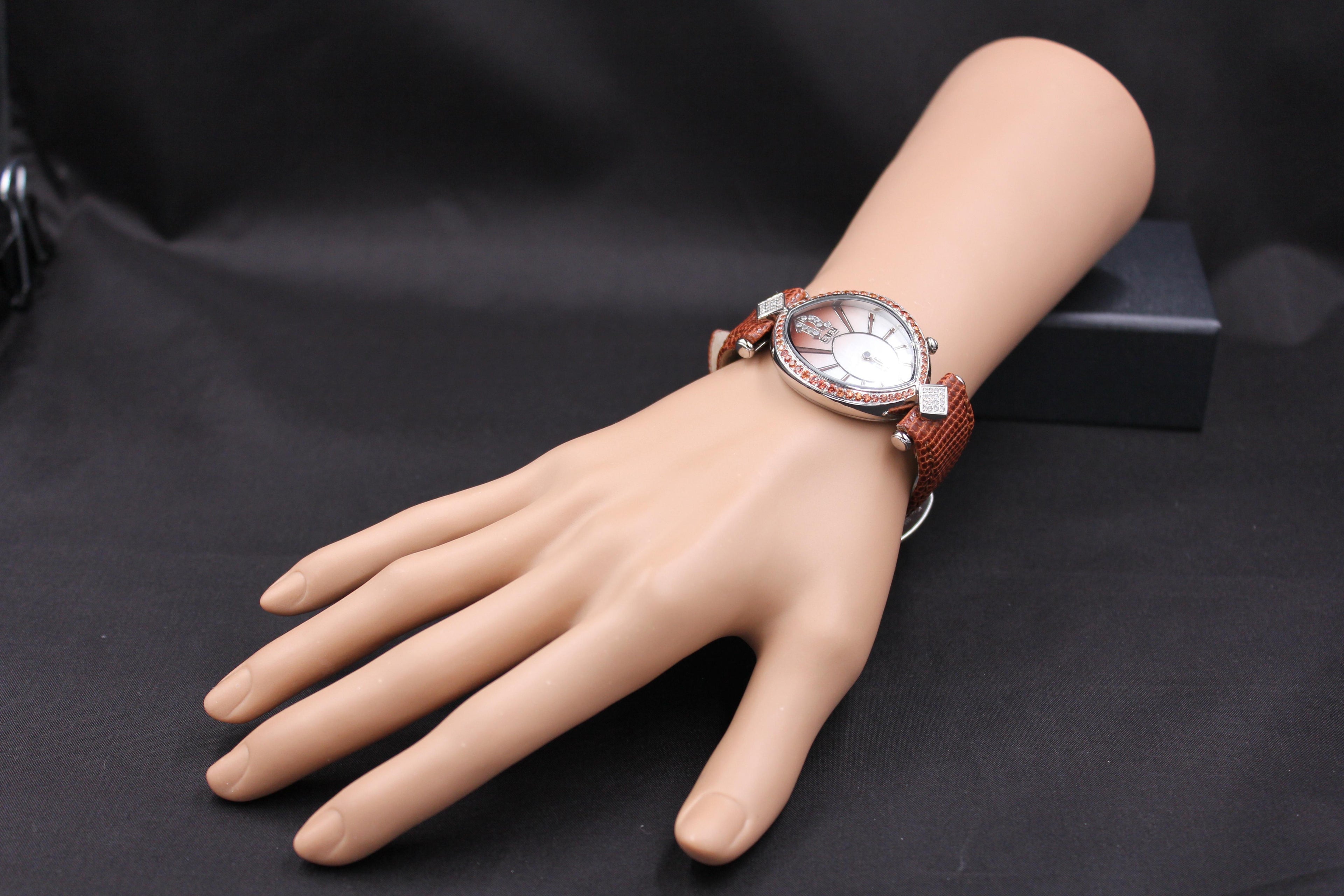 Orange Sapphire Diamonds Pave Dial Luxury Swiss Quartz Exotic Leather Band Watch