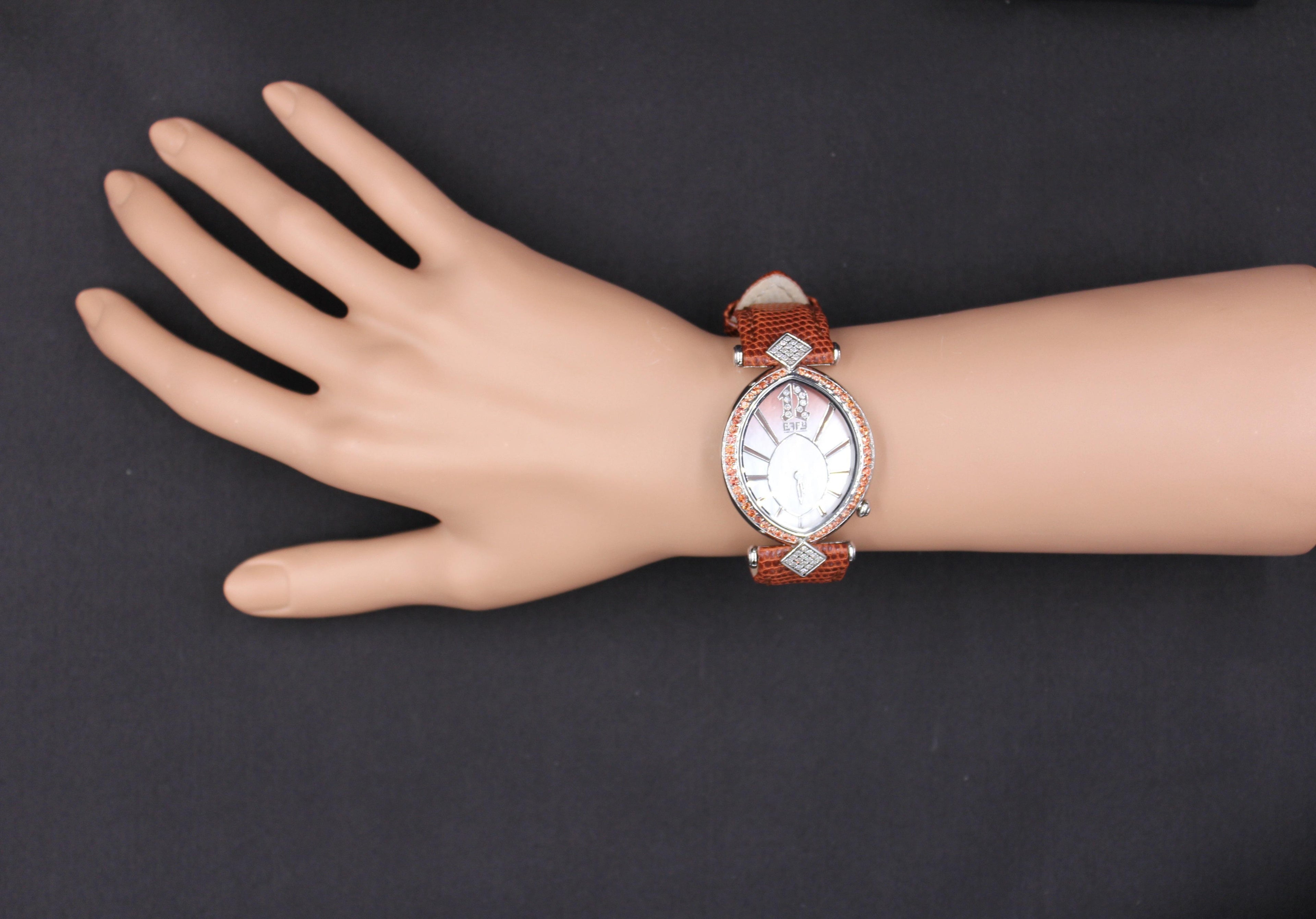 Orange Sapphire Diamonds Pave Dial Luxury Swiss Quartz Exotic Leather Band Watch