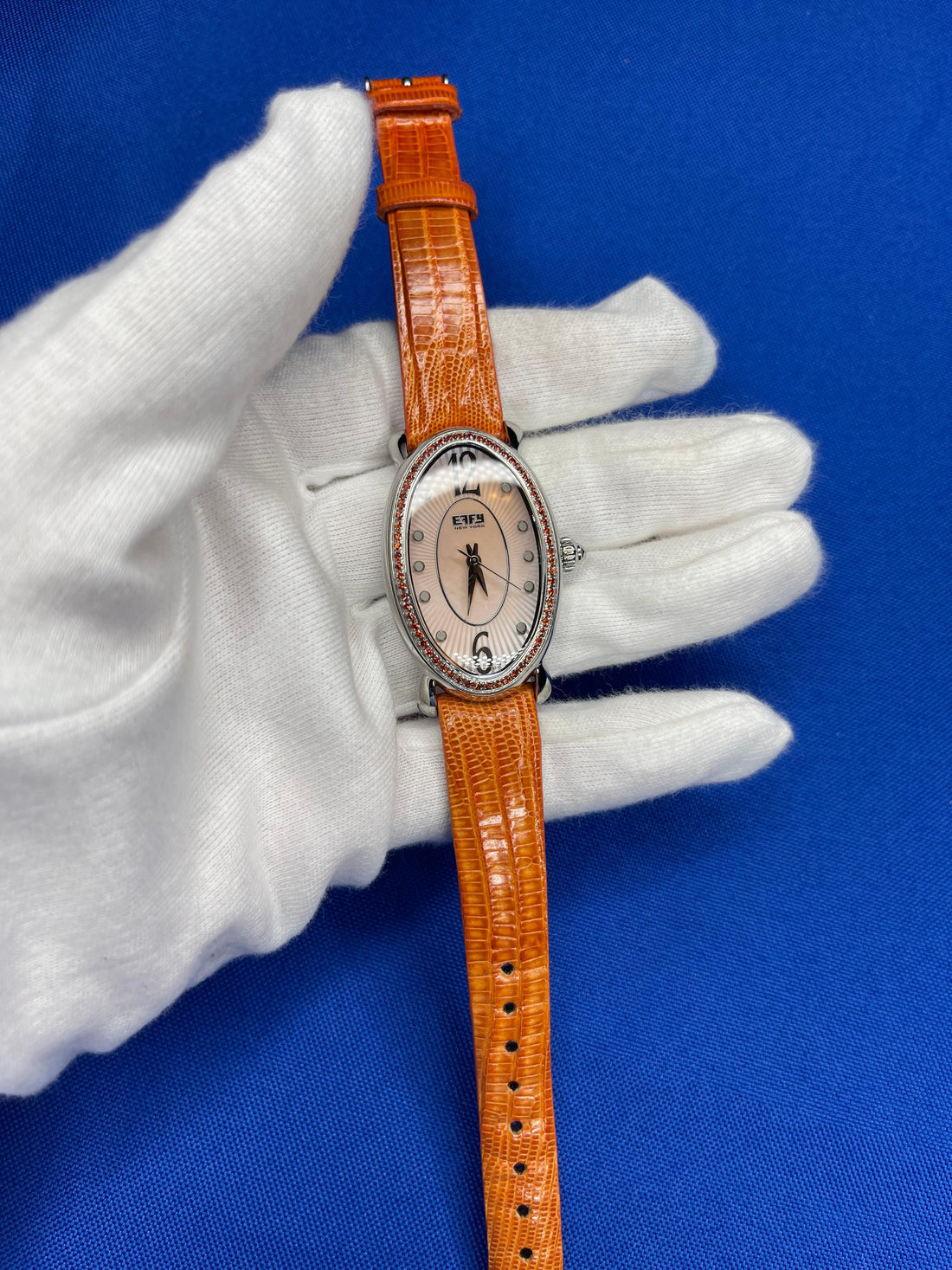 Orange Sapphire Diamonds Pave Dial Luxury Swiss Quartz Exotic Leather Band Watch