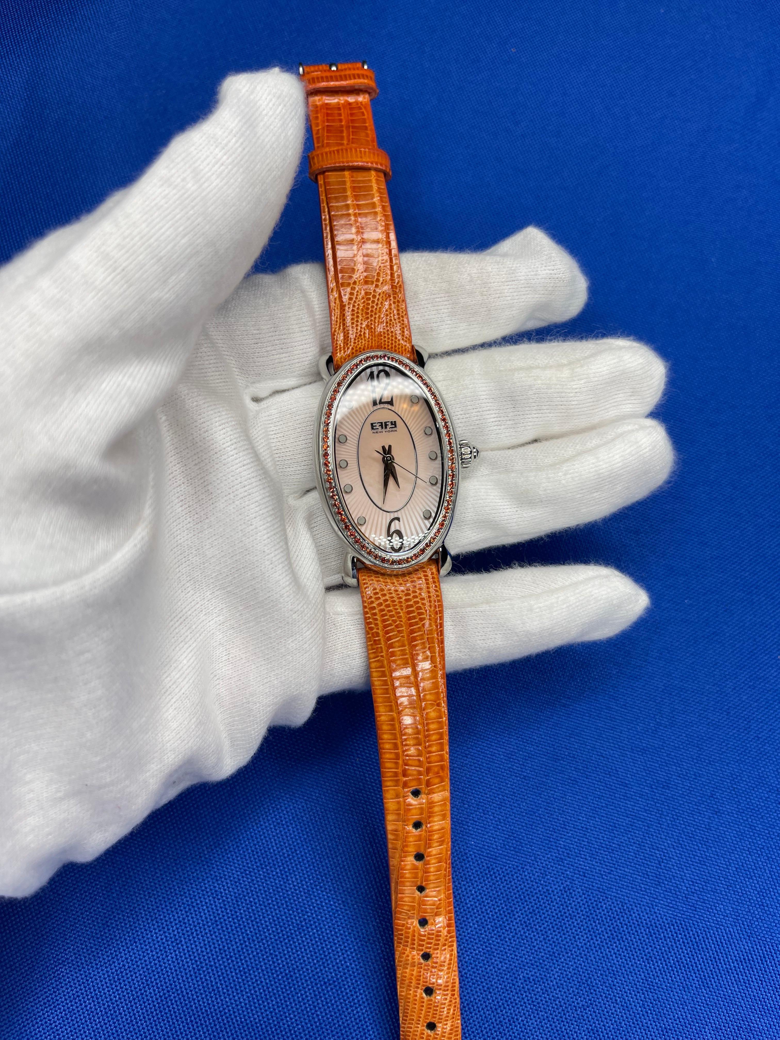 Orange Sapphire Diamonds Pave Dial Luxury Swiss Quartz Exotic Leather Band Watch