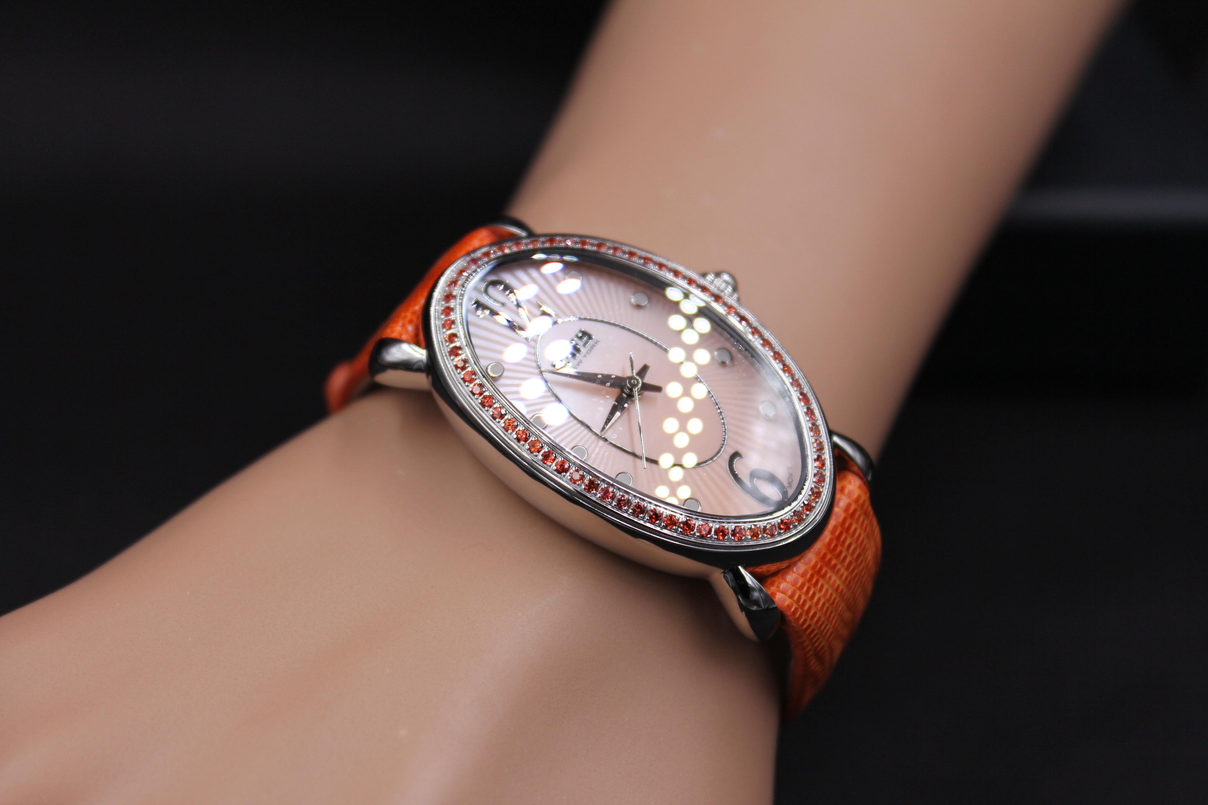 Orange Sapphire Diamonds Pave Dial Luxury Swiss Quartz Exotic Leather Band Watch