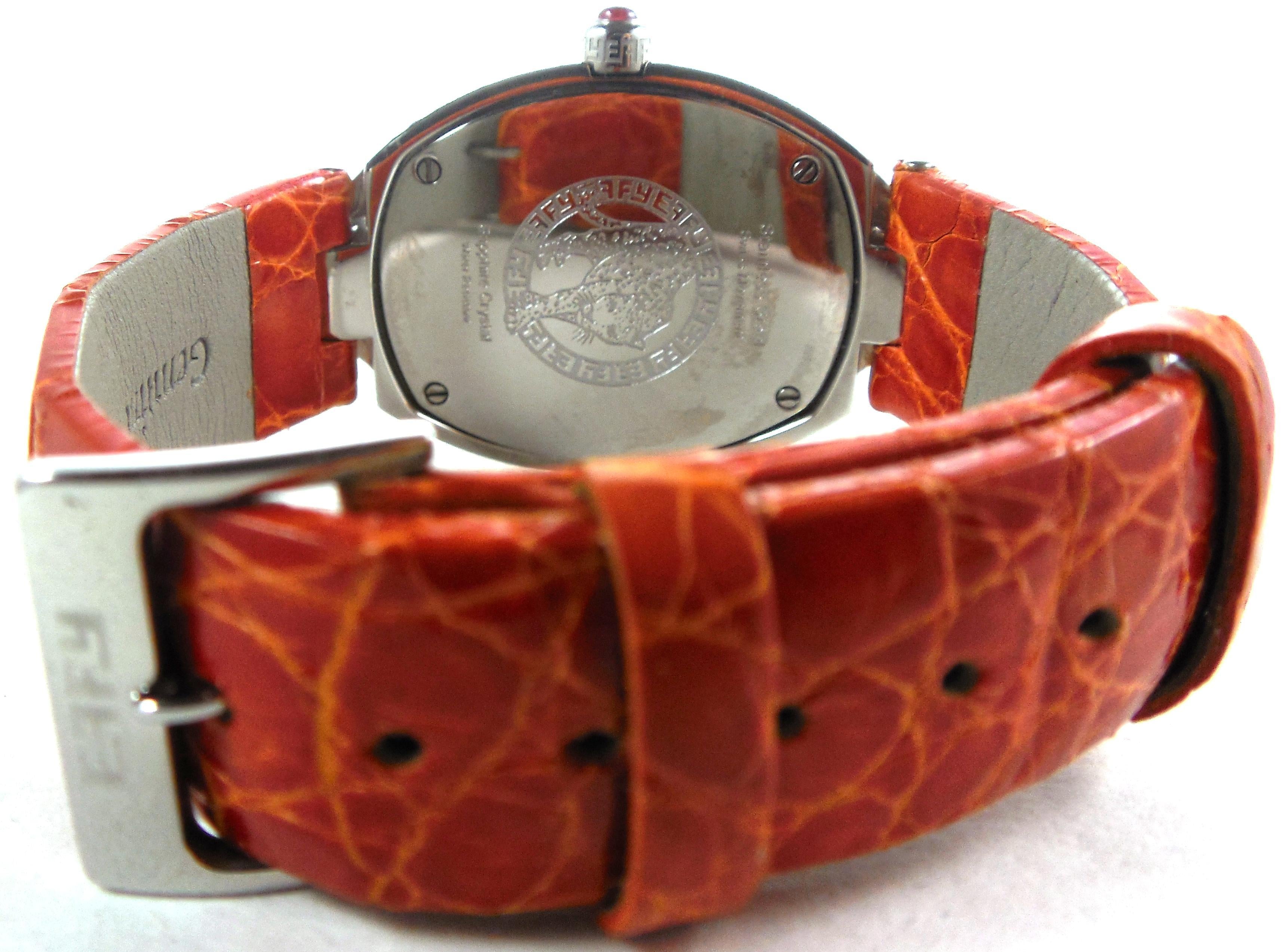 Orange Sapphire Diamonds Pave Dial Luxury Swiss Quartz Exotic Leather Band Watch