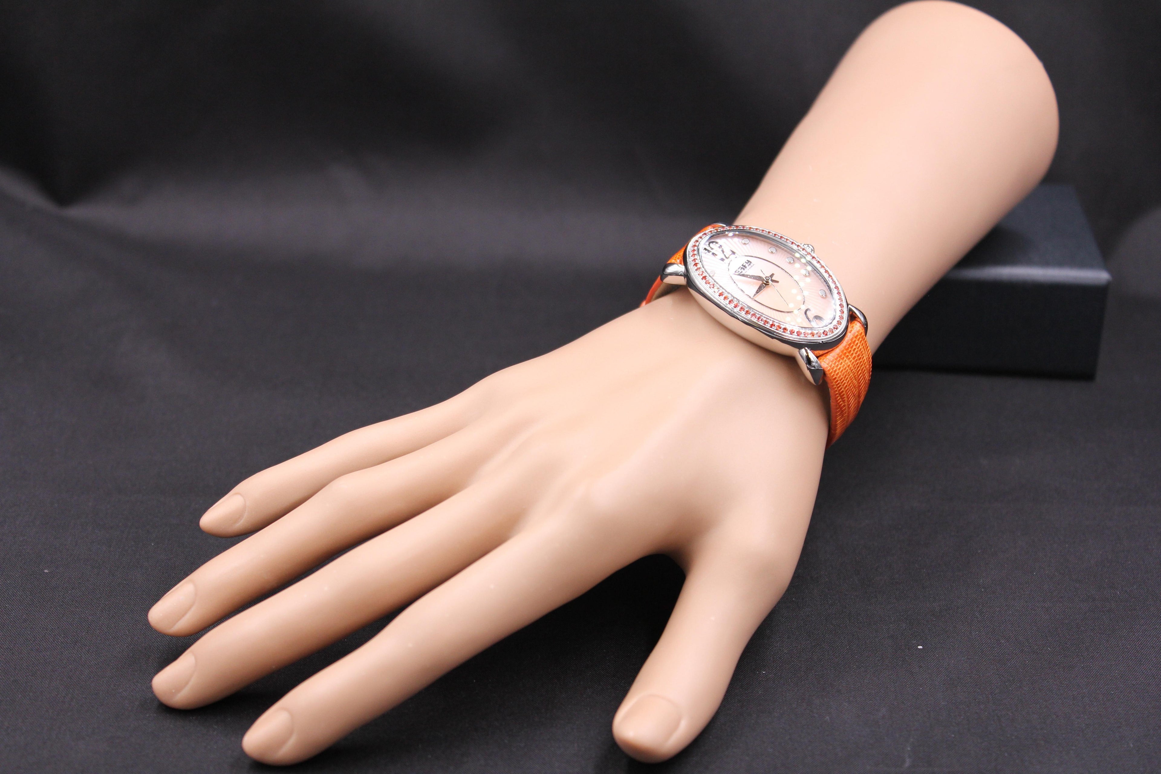 Orange Sapphire Diamonds Pave Dial Luxury Swiss Quartz Exotic Leather Band Watch