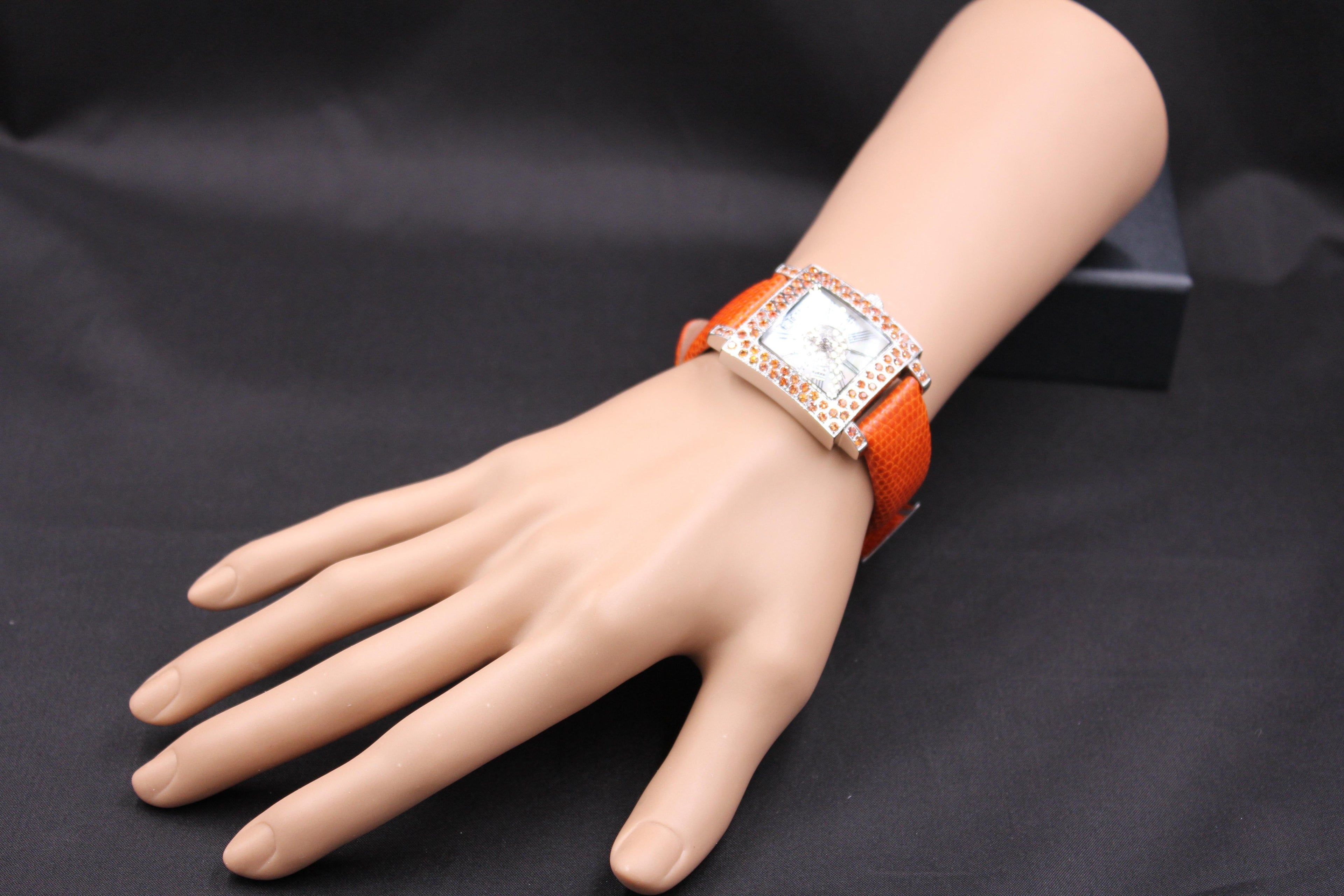Orange Sapphire & Diamonds Pave Dial Luxury Swiss Quartz Exotic Leather Watch