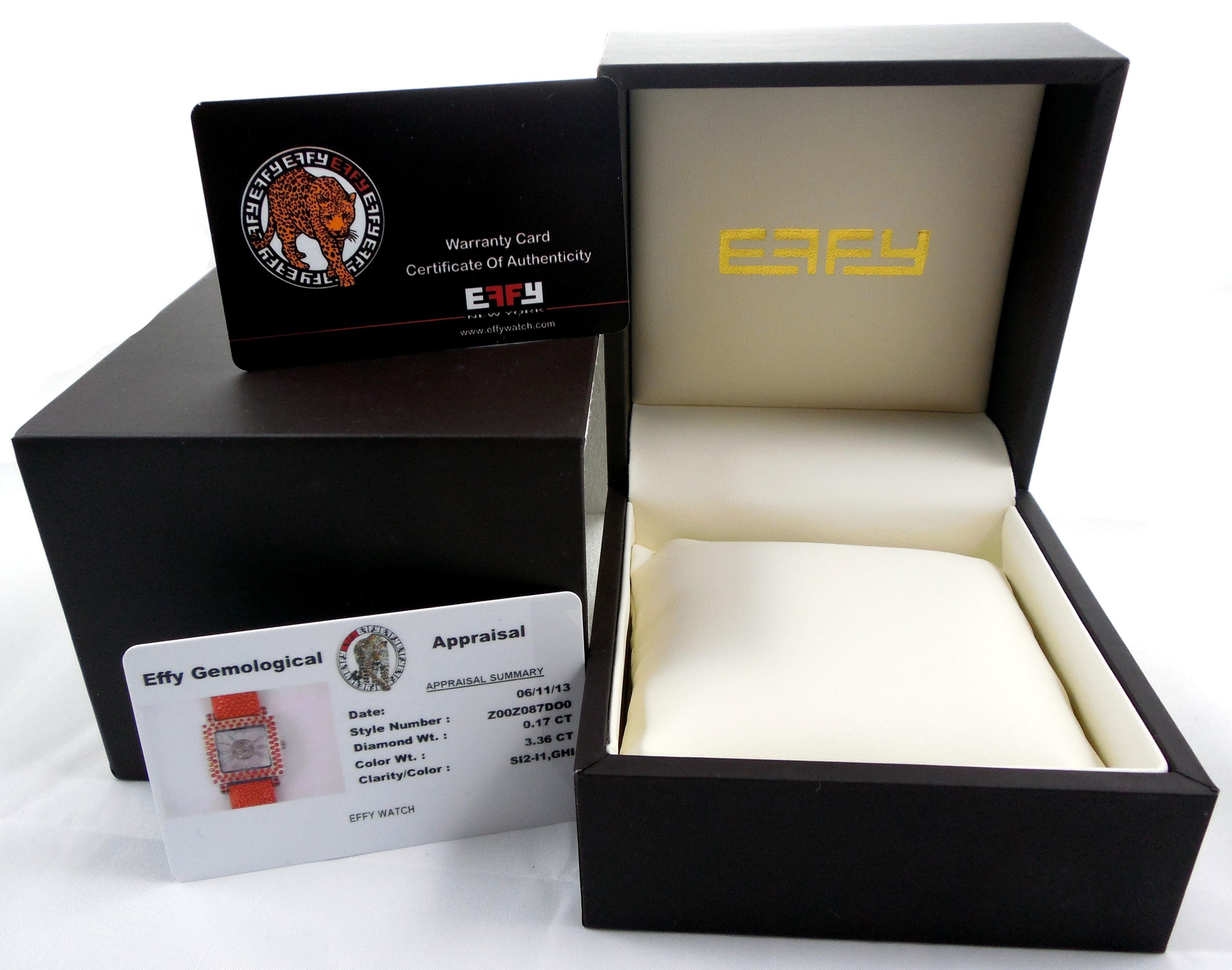 Orange Sapphire & Diamonds Pave Dial Luxury Swiss Quartz Exotic Leather Watch