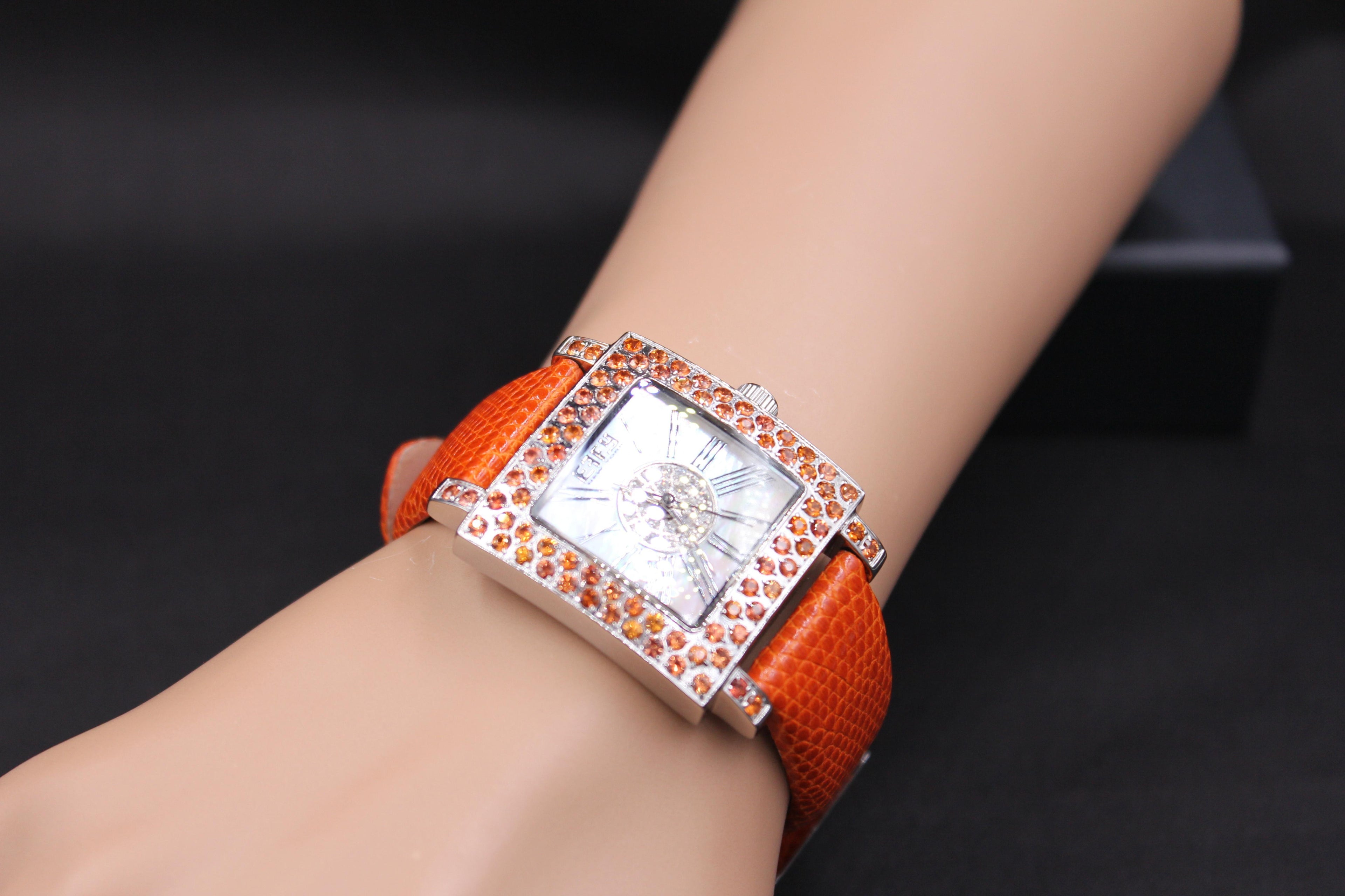 Orange Sapphire & Diamonds Pave Dial Luxury Swiss Quartz Exotic Leather Watch