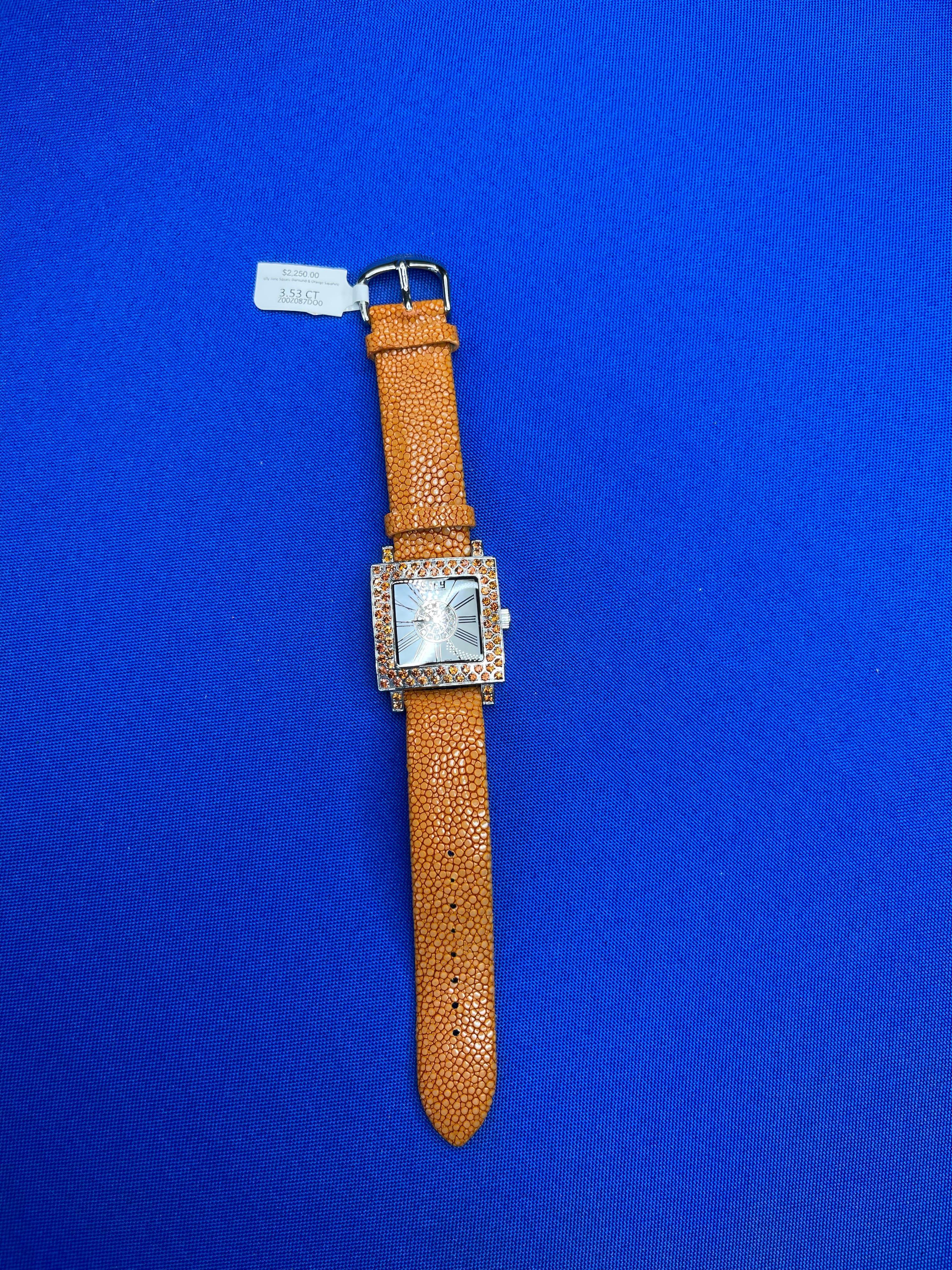 Orange Sapphire & Diamonds Pave Dial Luxury Swiss Quartz Exotic Leather Watch