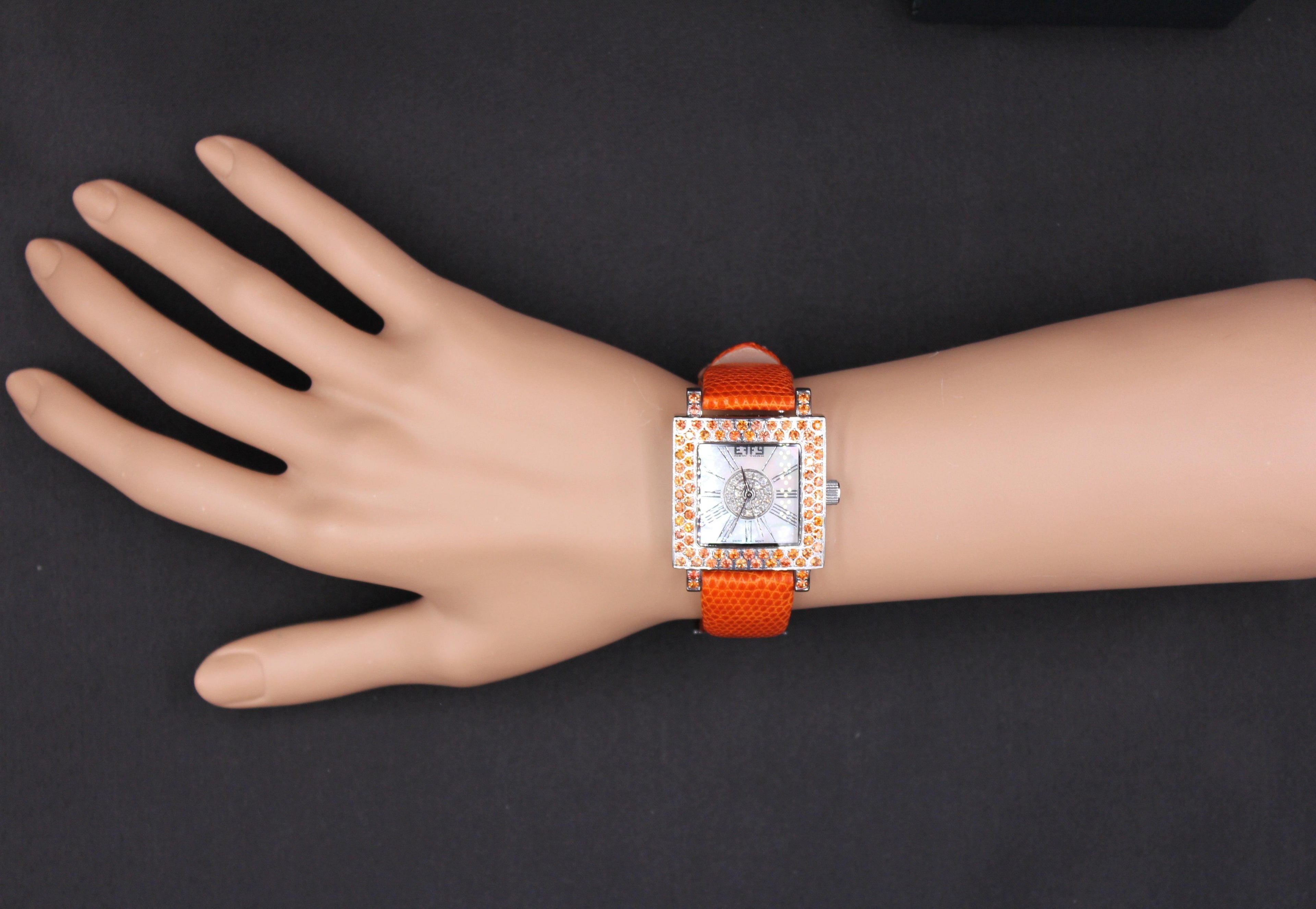 Orange Sapphire & Diamonds Pave Dial Luxury Swiss Quartz Exotic Leather Watch