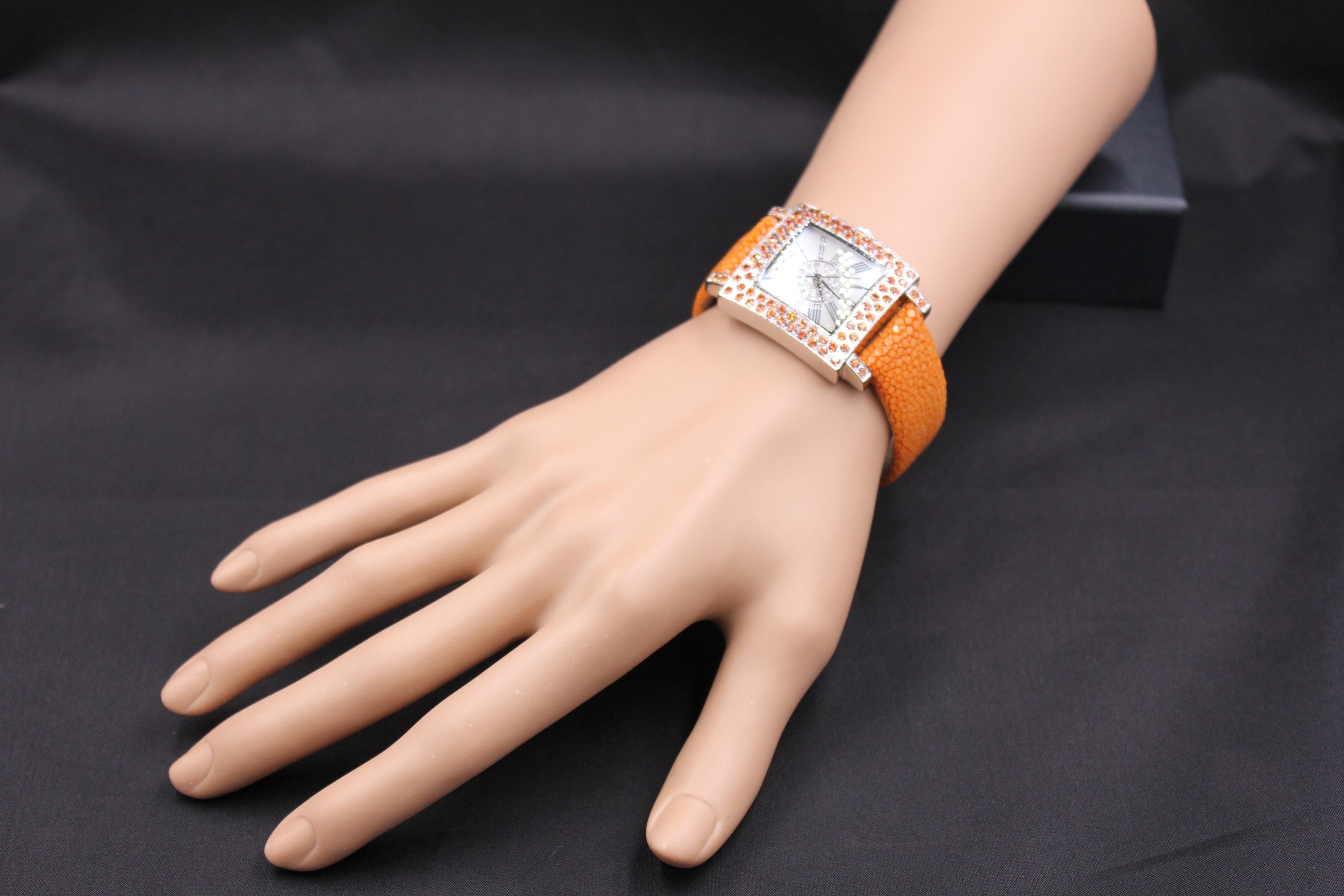 Orange Sapphire & Diamonds Pave Dial Luxury Swiss Quartz Exotic Leather Watch