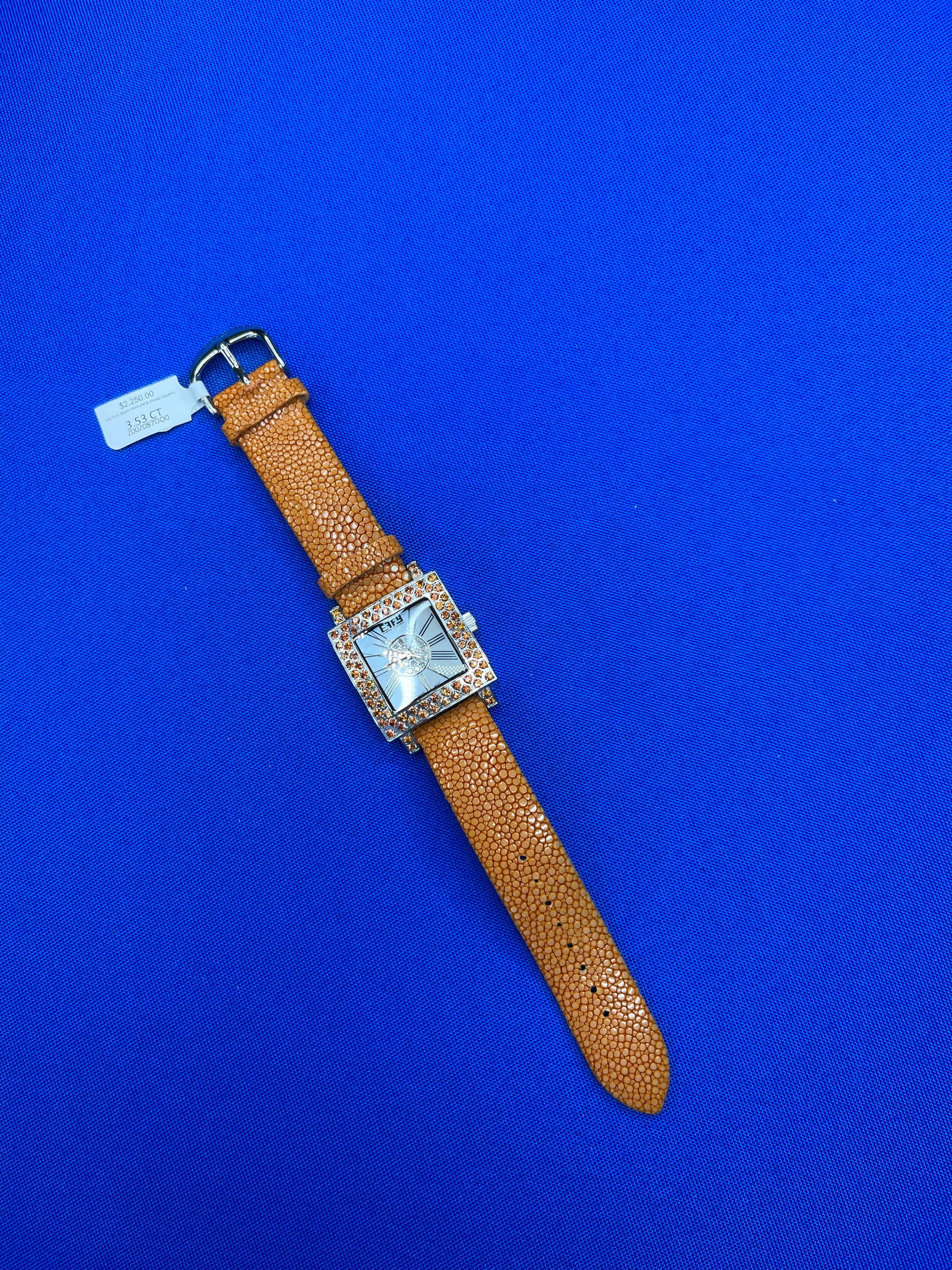 Orange Sapphire & Diamonds Pave Dial Luxury Swiss Quartz Exotic Leather Watch