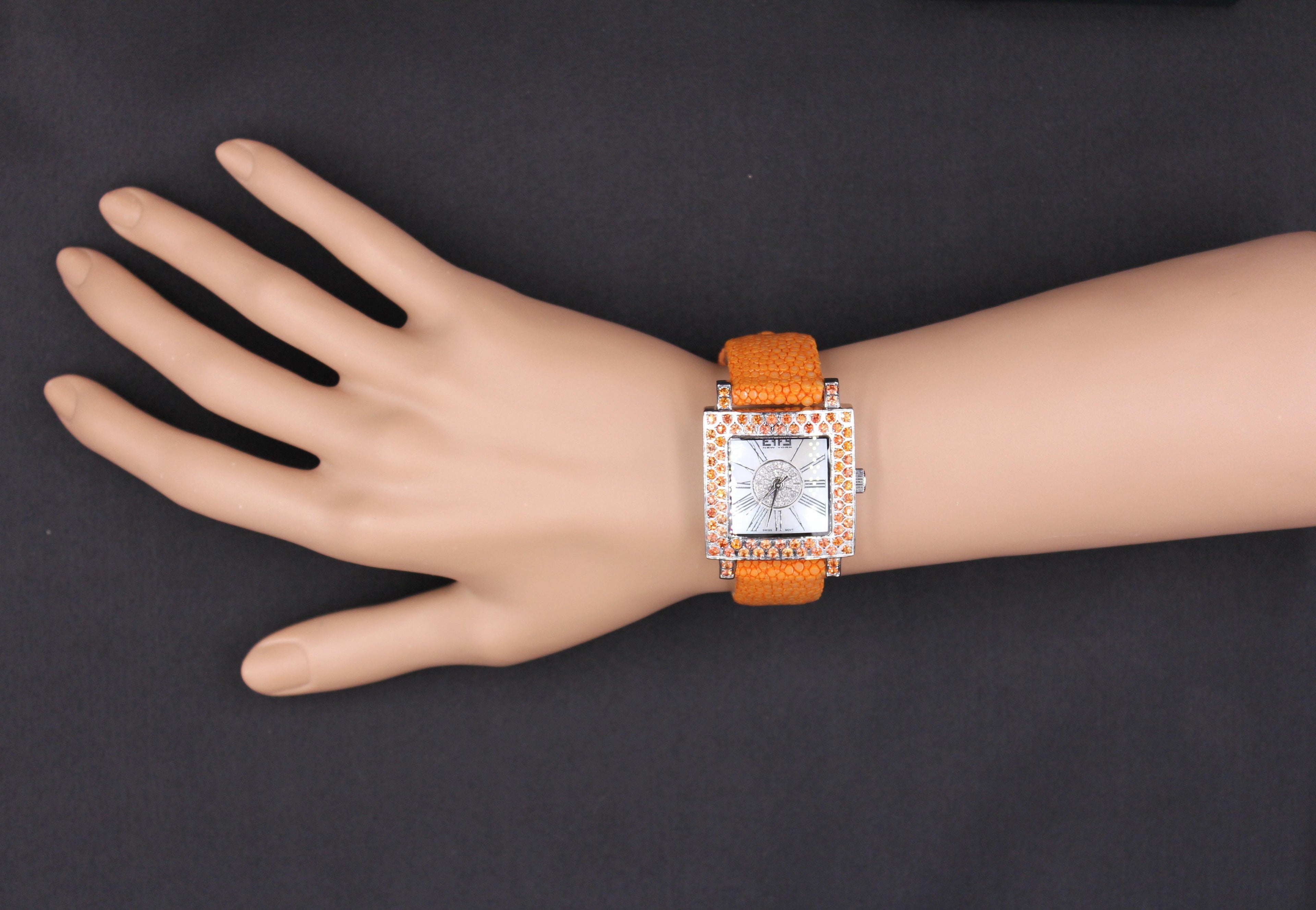 Orange Sapphire & Diamonds Pave Dial Luxury Swiss Quartz Exotic Leather Watch