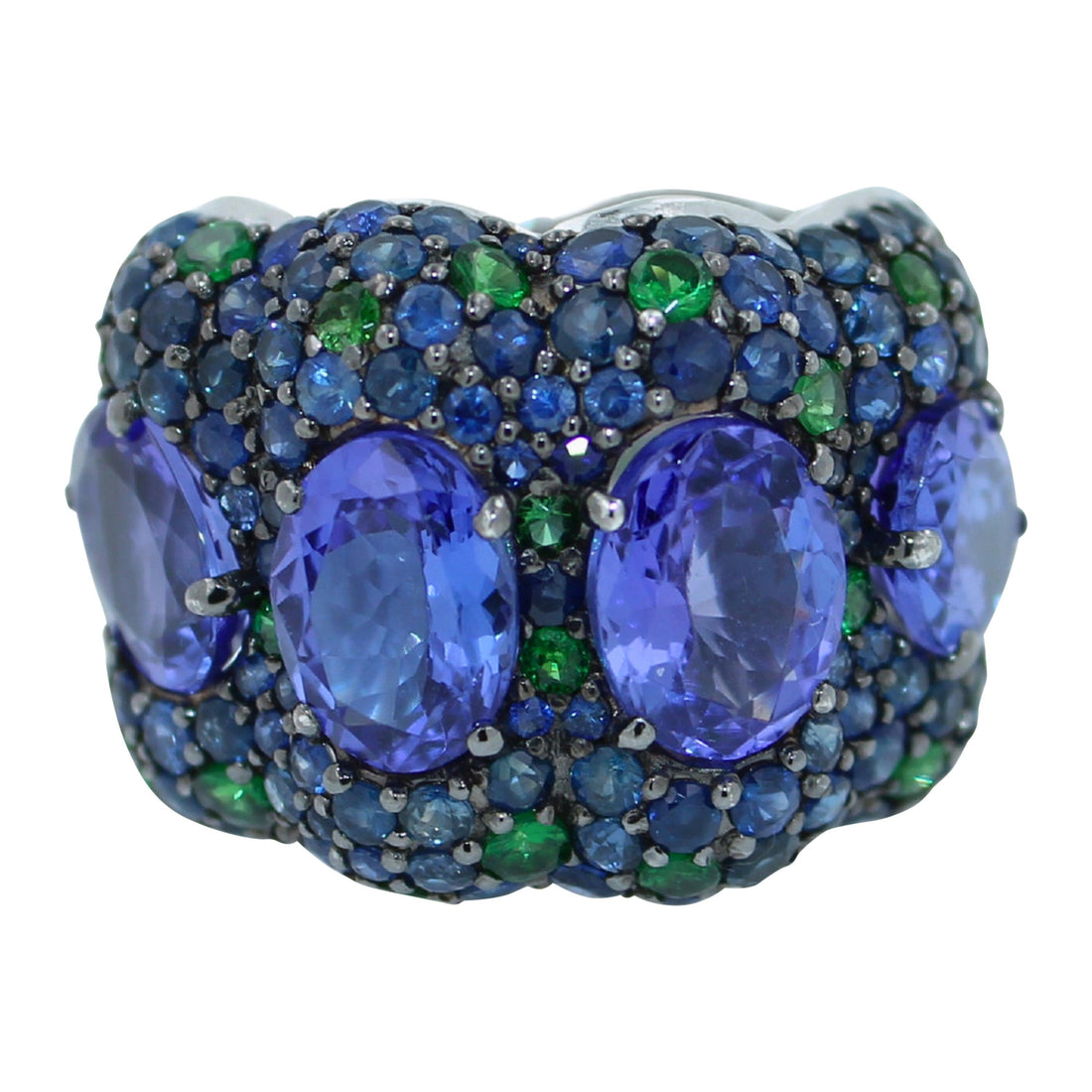 Oval Blue Tanzanite Green Tsavorite Sapphire Pave Dome 18 Karat White Gold Ring