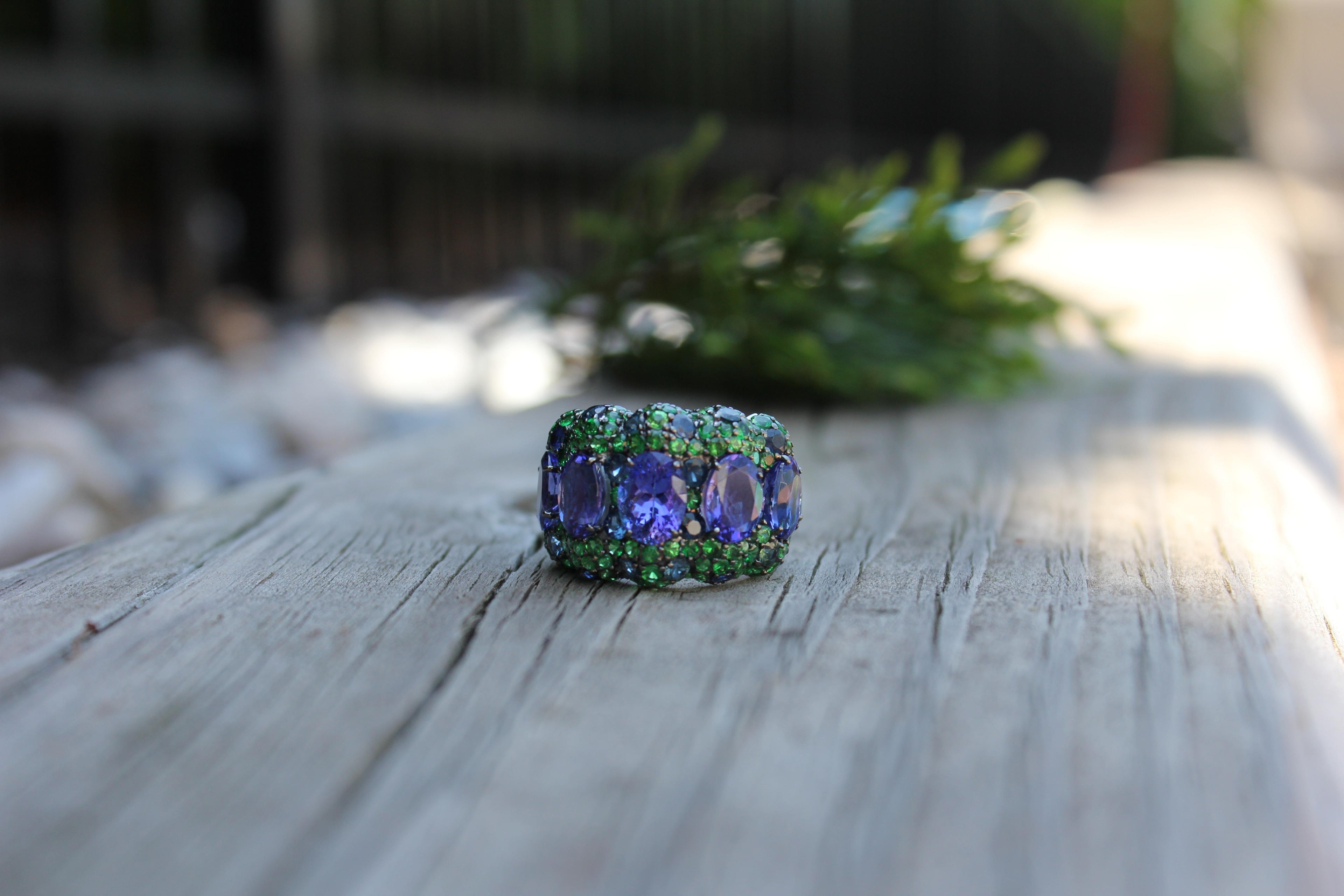 Oval Blue Tanzanite Green Tsavorite Sapphire Pave Dome 18 Karat White Gold Ring